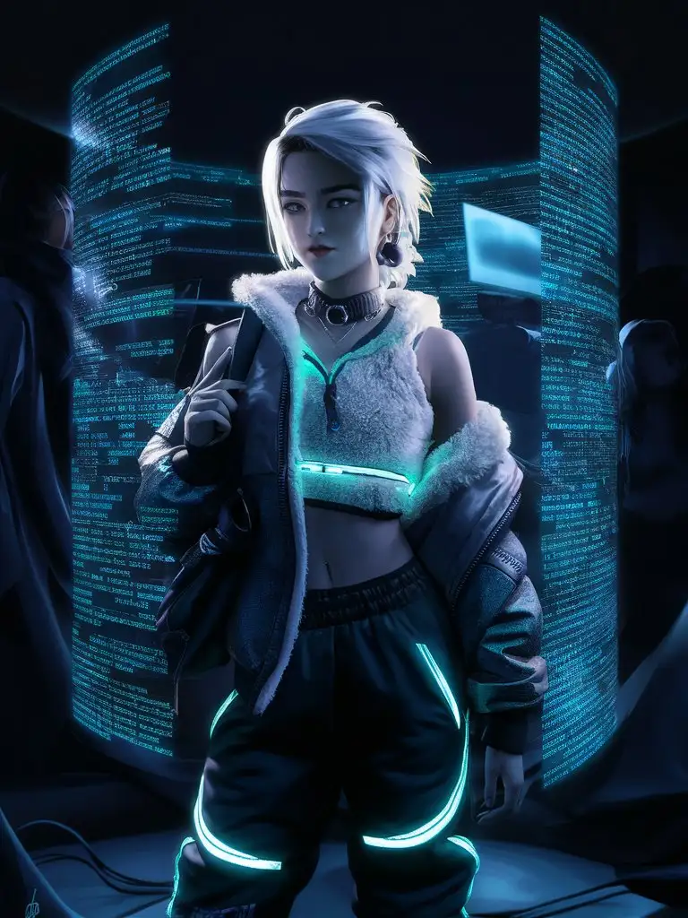 teen femboy hacker, white hair, outfit with bioluminescent details, jacket over fluffy fleece top, backpack, dystopian cyberpunk, dark shadows, fluffy fur-trim, holograph, matrix
