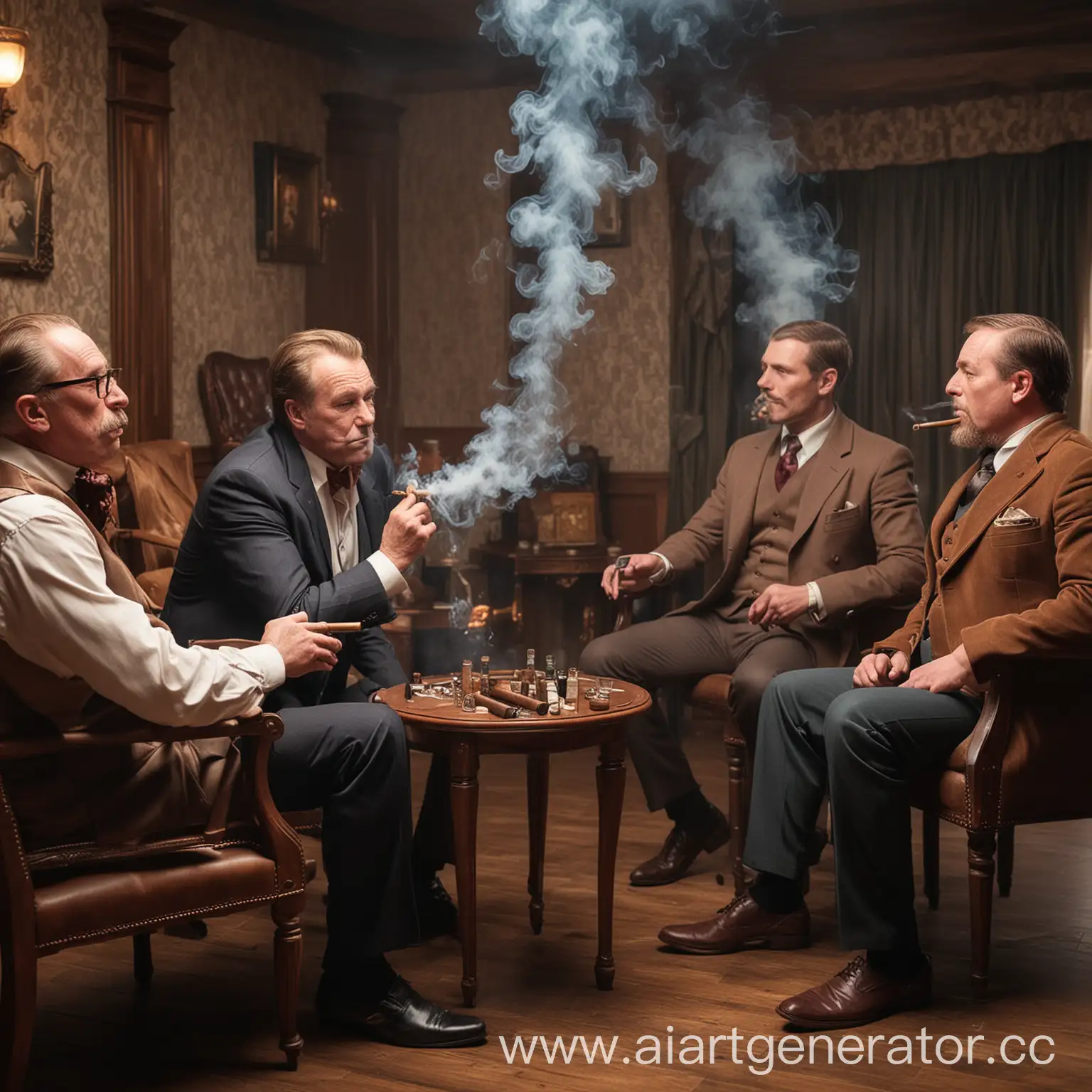 Несколько взрослых мужчин курят сигары в кабинете и изучающе рассматривают незнакомца с кресел