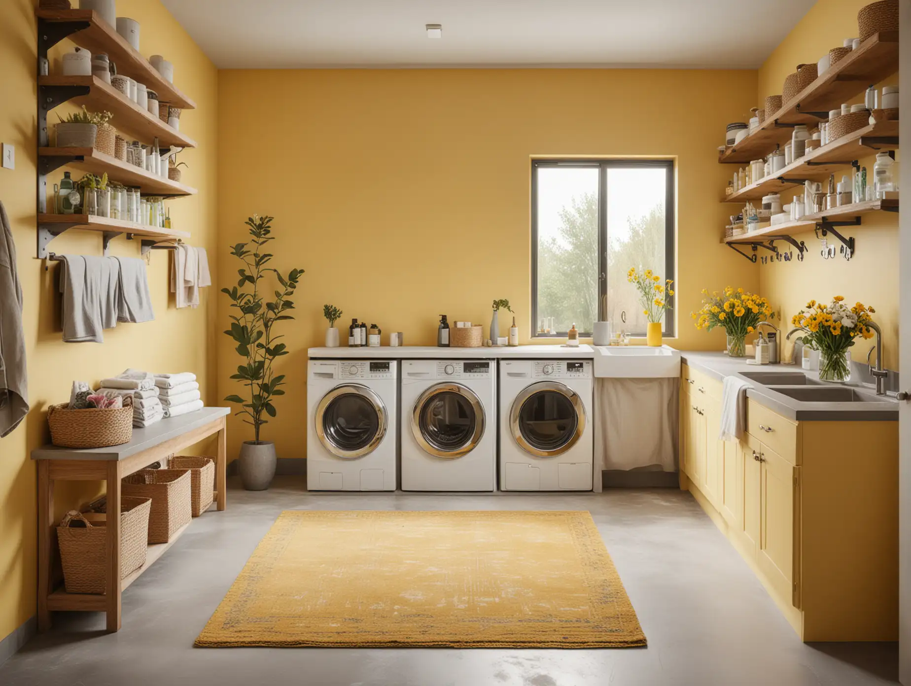 Generate a wide shot of a modern laundry room with a cozy rug underfoot, featuring shelves lined with neatly arranged detergents and softeners, a standing vase filled with fresh flowers, and sleek concrete sink basins against a backdrop YELLOW WALL