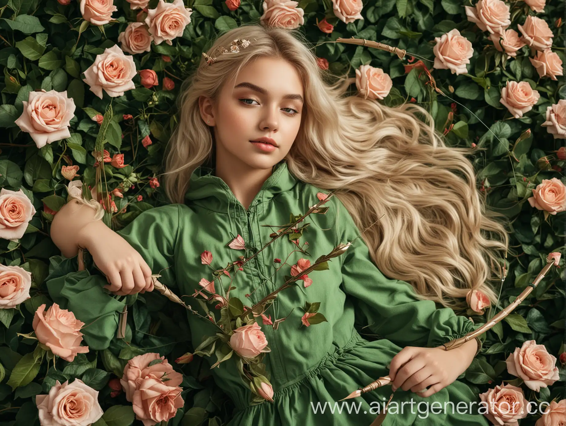 Девушка со светлыми волосами и зелёной одежде лежит в розах с луком и стрелой в руках
