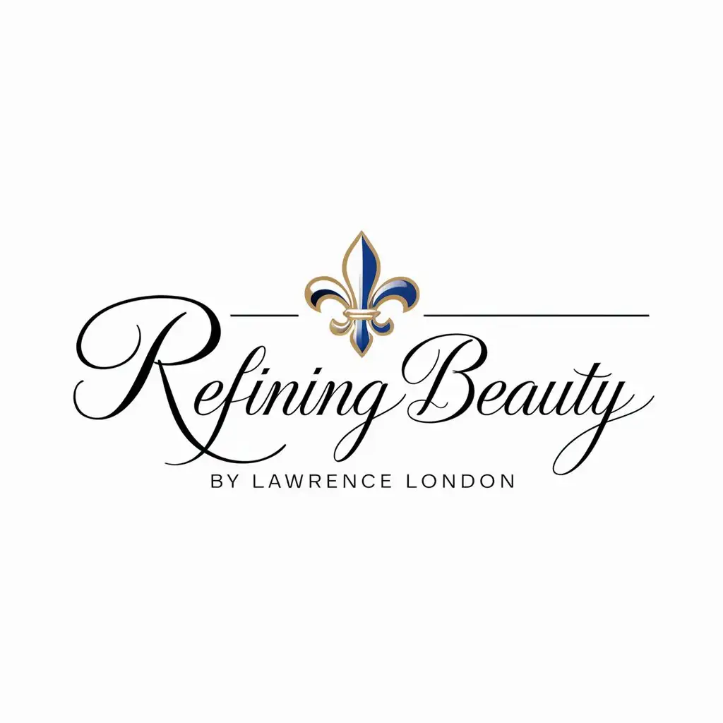 a logo design,with the text "Refining BeautynBy Lawrence London", main symbol:Create a elegant logo  for my new aesthetic practitioner business. My color preferences are black and gold OR blue and gold. Please use the brand name: Refining Beauty - By Lawrence London. Design must evoke elegance and sophistication. The logo should blend both text and imagery.,Moderate,be used in Aesthetics company industry,clear background
