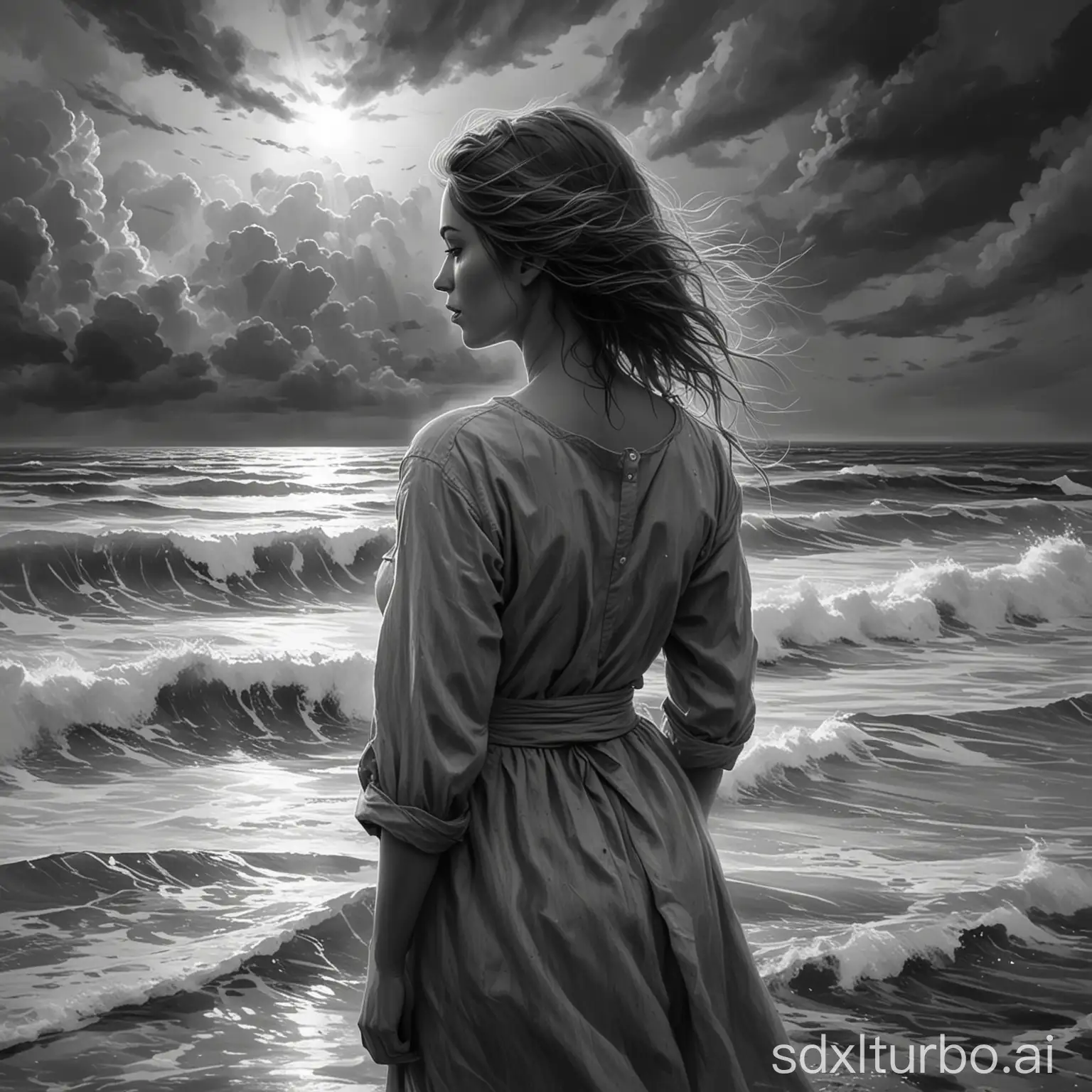 digital painting a woman facing the sea after the storm when the first sun rays comes behind the clouds grey scale pallet

