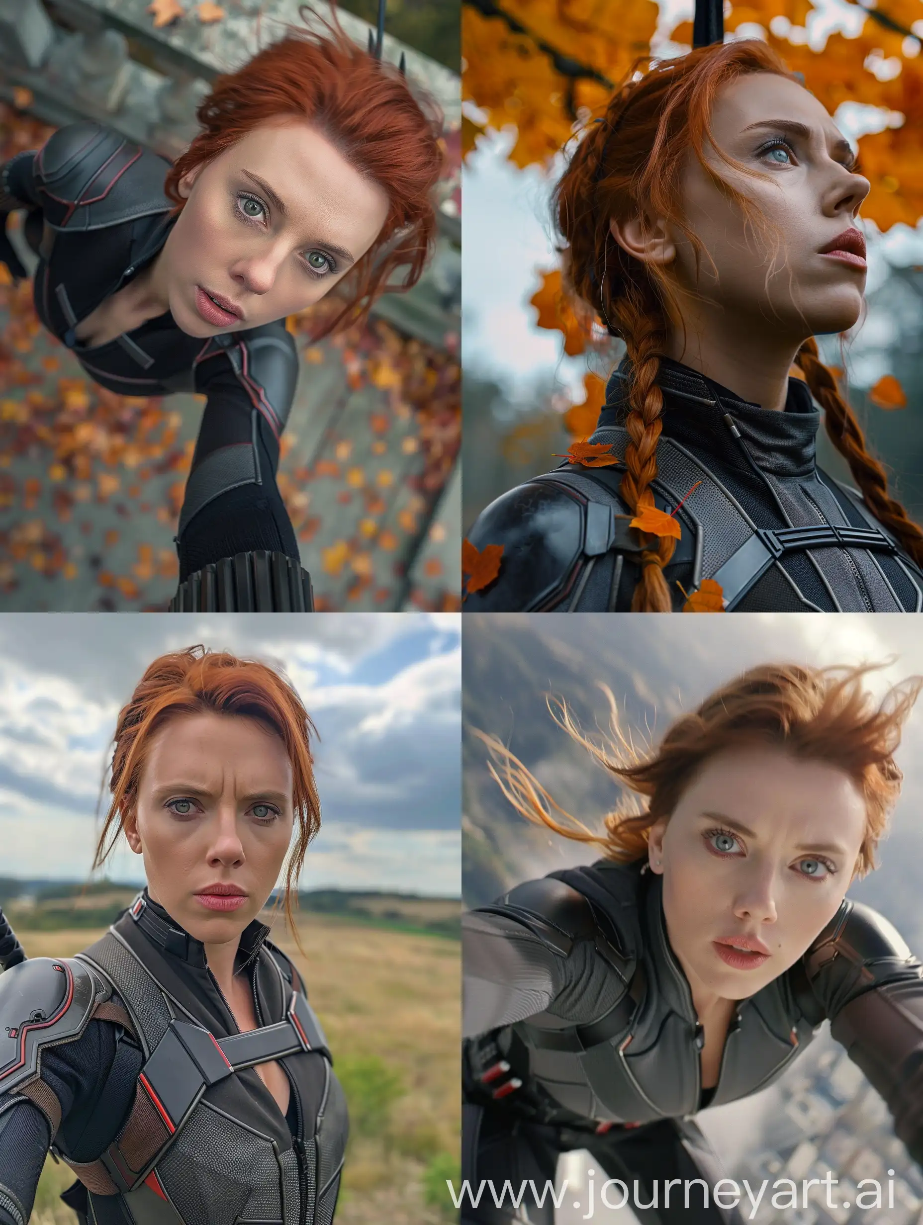 Scarlett Johansson hanging black widow Marvel gray clouds autumn selfie 