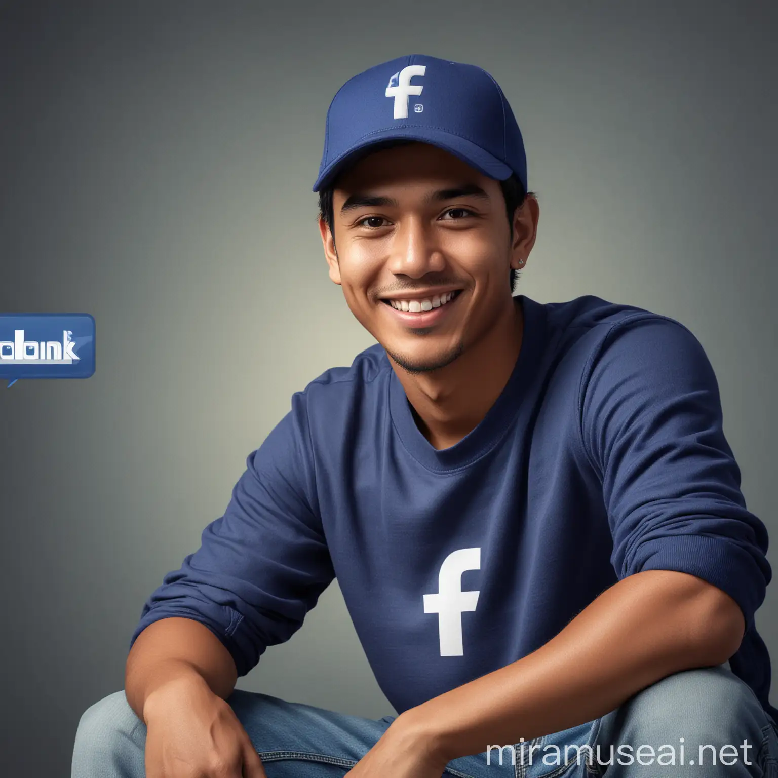 a 29 year old Indonesian young man smiling friendly, wearing a baseball cap with a narrow face, wearing a blue sweater, wearing sports shoes, sitting relaxed, behind him is the Facebook logo, home page and Facebook profile with the words "UDIN CHARLY", photography, realistic, 8k