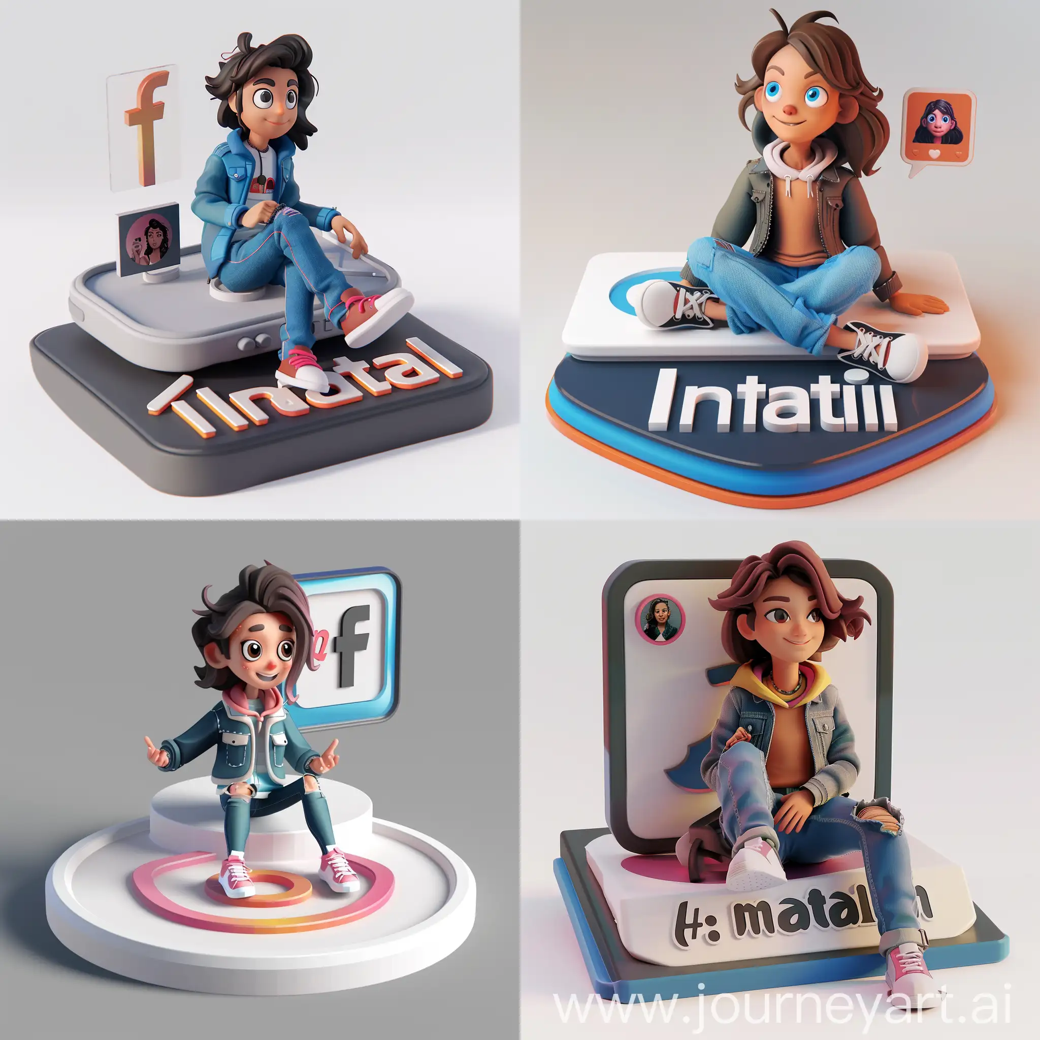 create a 3D illustration of an animated character sitting casually on top of a social media logo "Instagram". The character must wear casual modern clothing such as jeans jacket and sneakers shoes. The background of the image is a " Instagram"with a user name "@Natali" and a profile picture that match.
