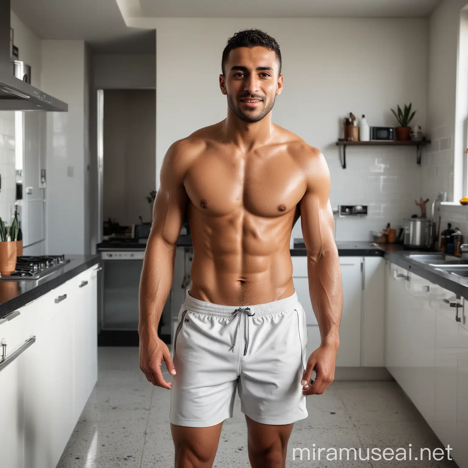 Full body portrait of an athletic 25-year-old Arabic male runner with intense black eyes, self-assured expression, buzz cut. Shirtless, in sweat-soaked running shorts hugging his thighs. Torso glistening with sweat. A self-satisfied smile on his lips. Standing up, with triumphant look, in the middle of a futuristic kitchen. Glossy white counter top behind him. White kitchen flooded with morning light. 8k, best quality, extremely detailed, high res, photo-realistic.