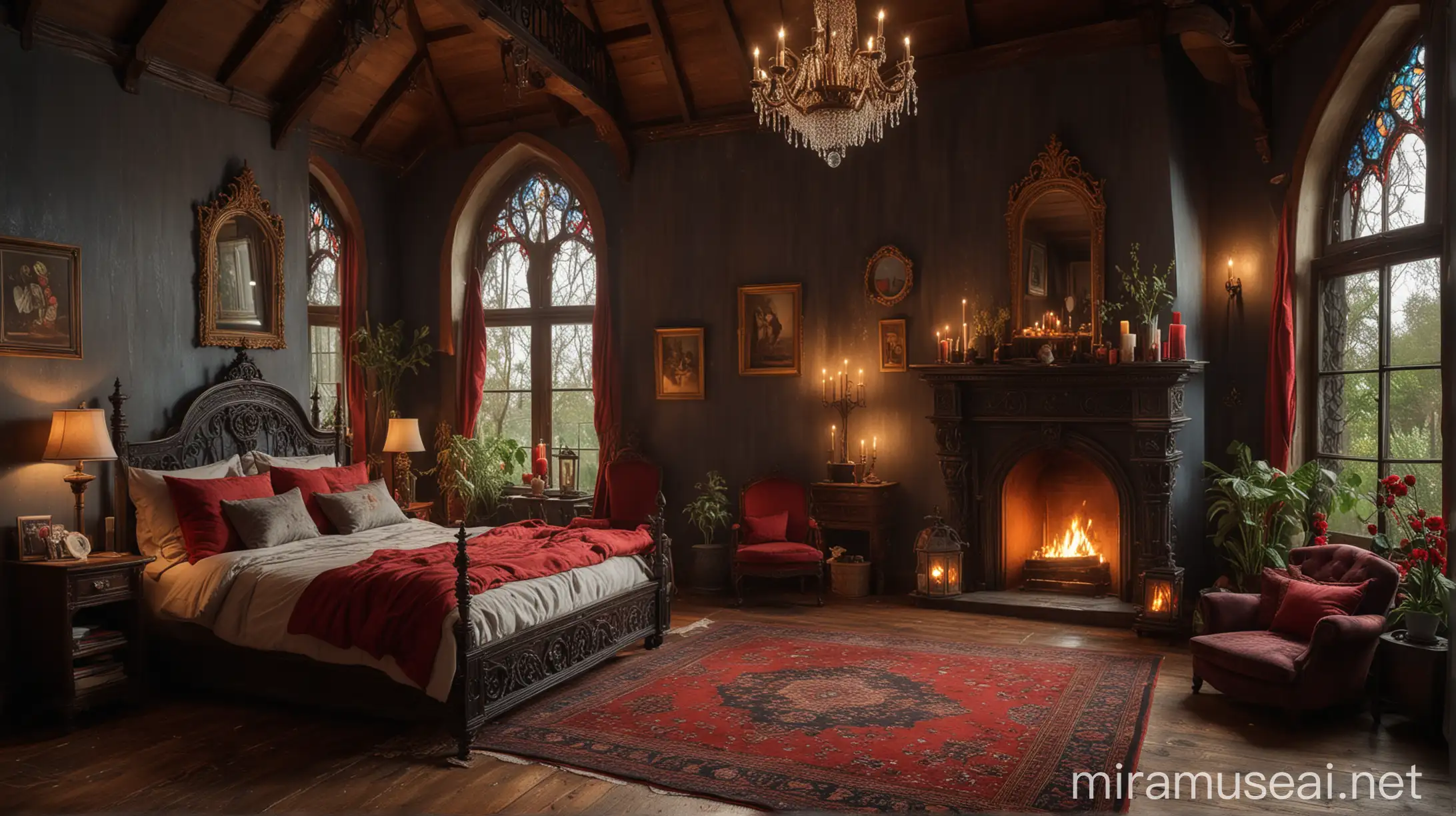 Luxurious Gothic Bedroom with FourPoster Bed and Stained Glass Windows