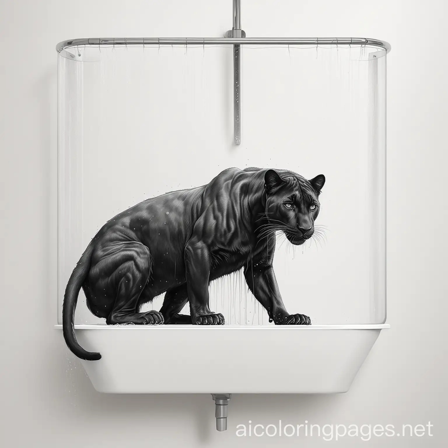 panther at the shower, Coloring Page, black and white, line art, white background, Simplicity, Ample White Space. The background of the coloring page is plain white to make it easy for young children to color within the lines. The outlines of all the subjects are easy to distinguish, making it simple for kids to color without too much difficulty