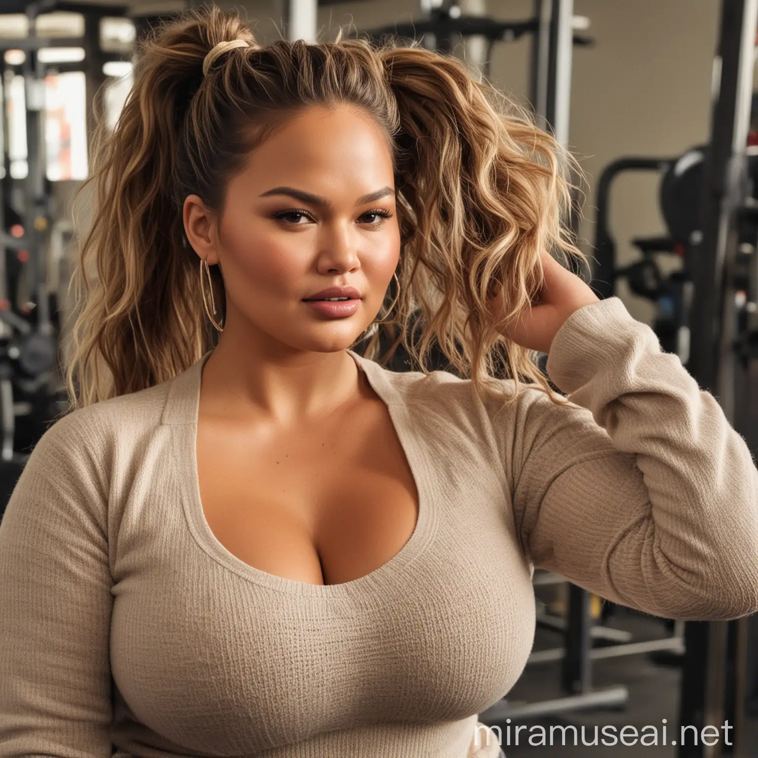 Chrissy Teigen in the gym, wearing a tight sweater, bbw, big long kinky hair in a ponytail, showing massive cleavage, giant breasts