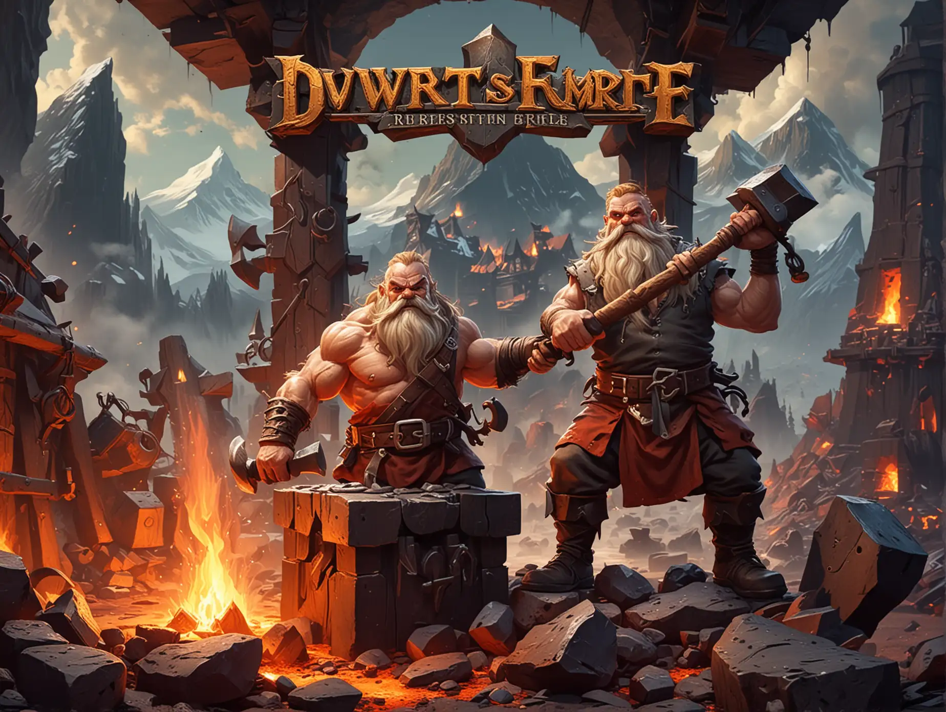 stylized video game cover art, dwarf runesmith master blacksmith raising hammer over anvil at legendary mountain forge smithy raised over lava below