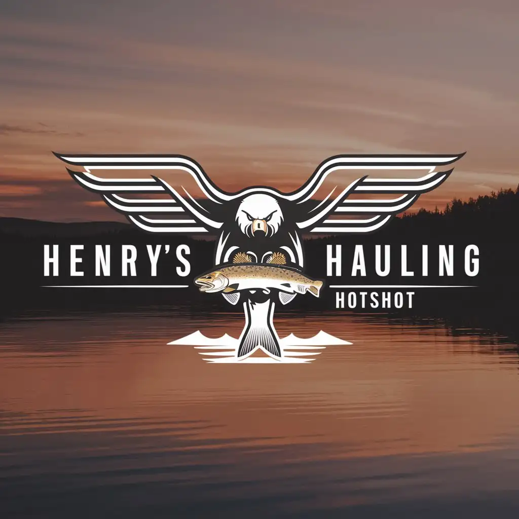 a logo design,with the text "Henry’s Hauling Hotshot", main symbol:An eagle spreading its wings and feathers as its talons grasp a trout with a lake below and sunset in background,Minimalistic,be used in Trucking industry,clear background