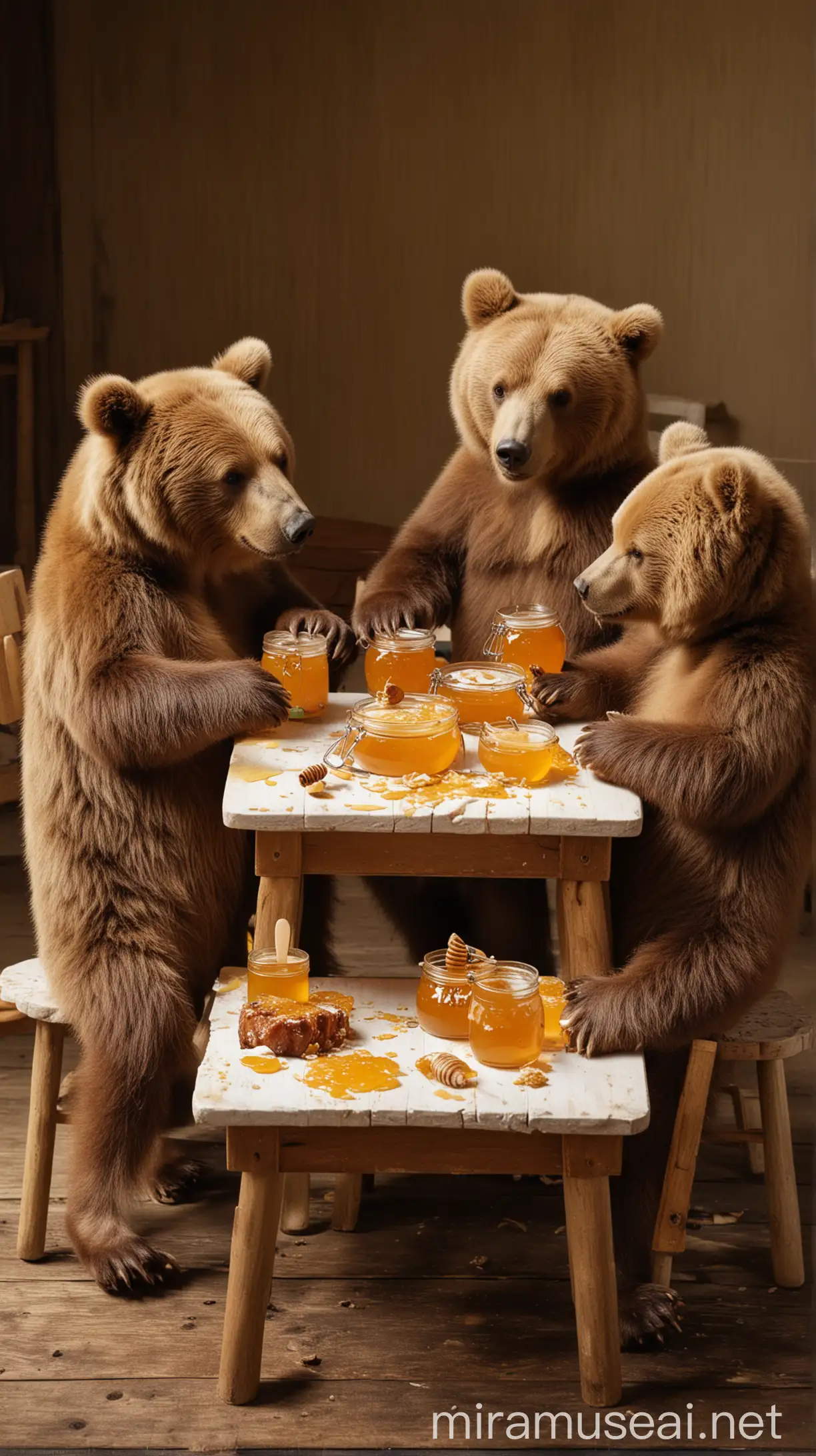 Four bears are sitting at a table , eating honey