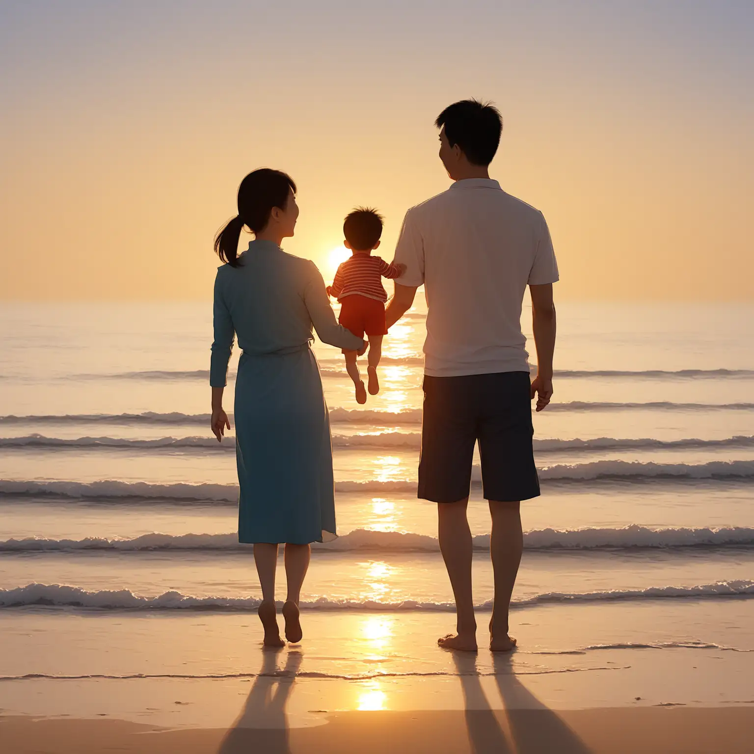 在海边沙滩的日出背景下，快乐的年轻的爸爸妈妈儿子，中国家庭