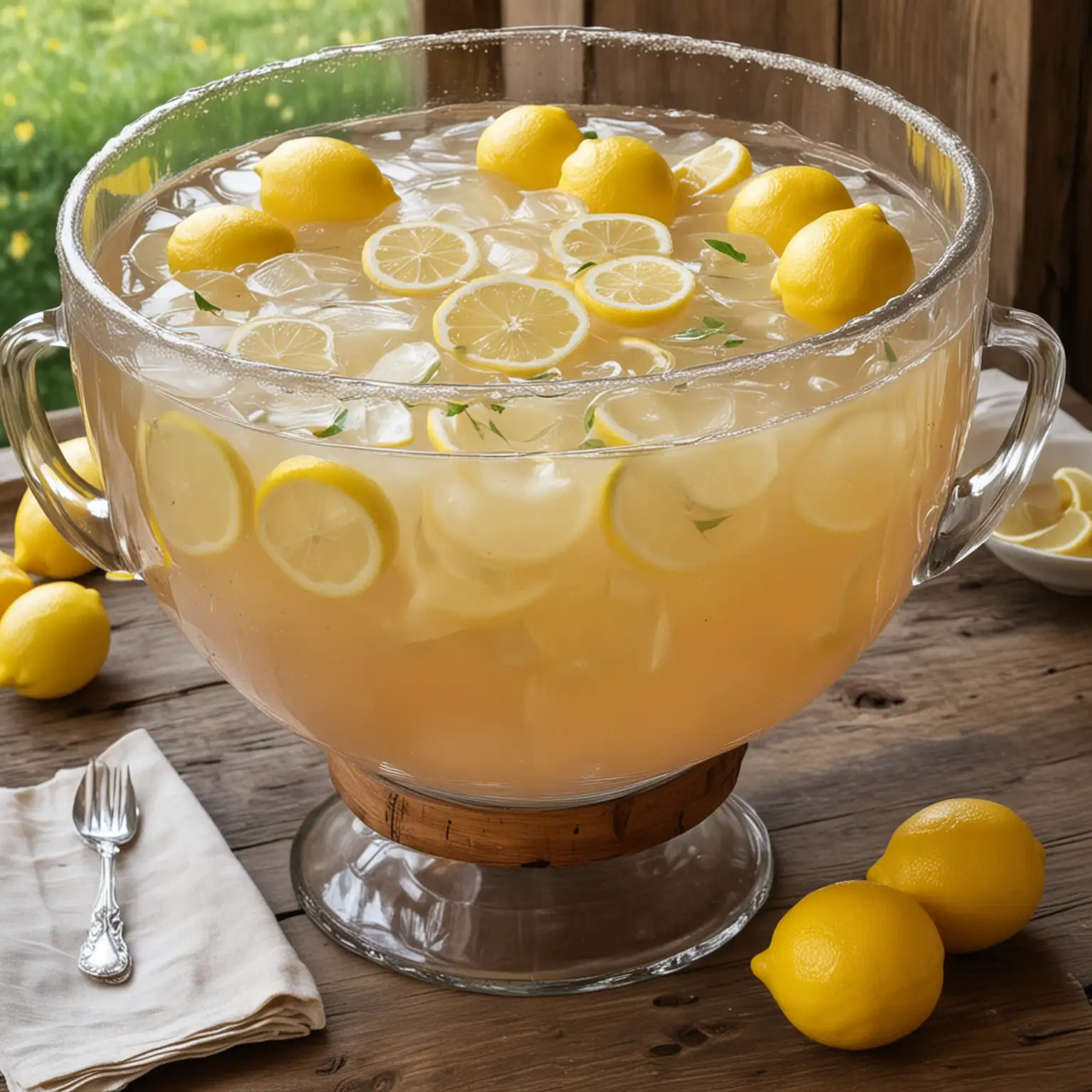 rustic punch bowl filled with lemonade and lemons and nothing else in image