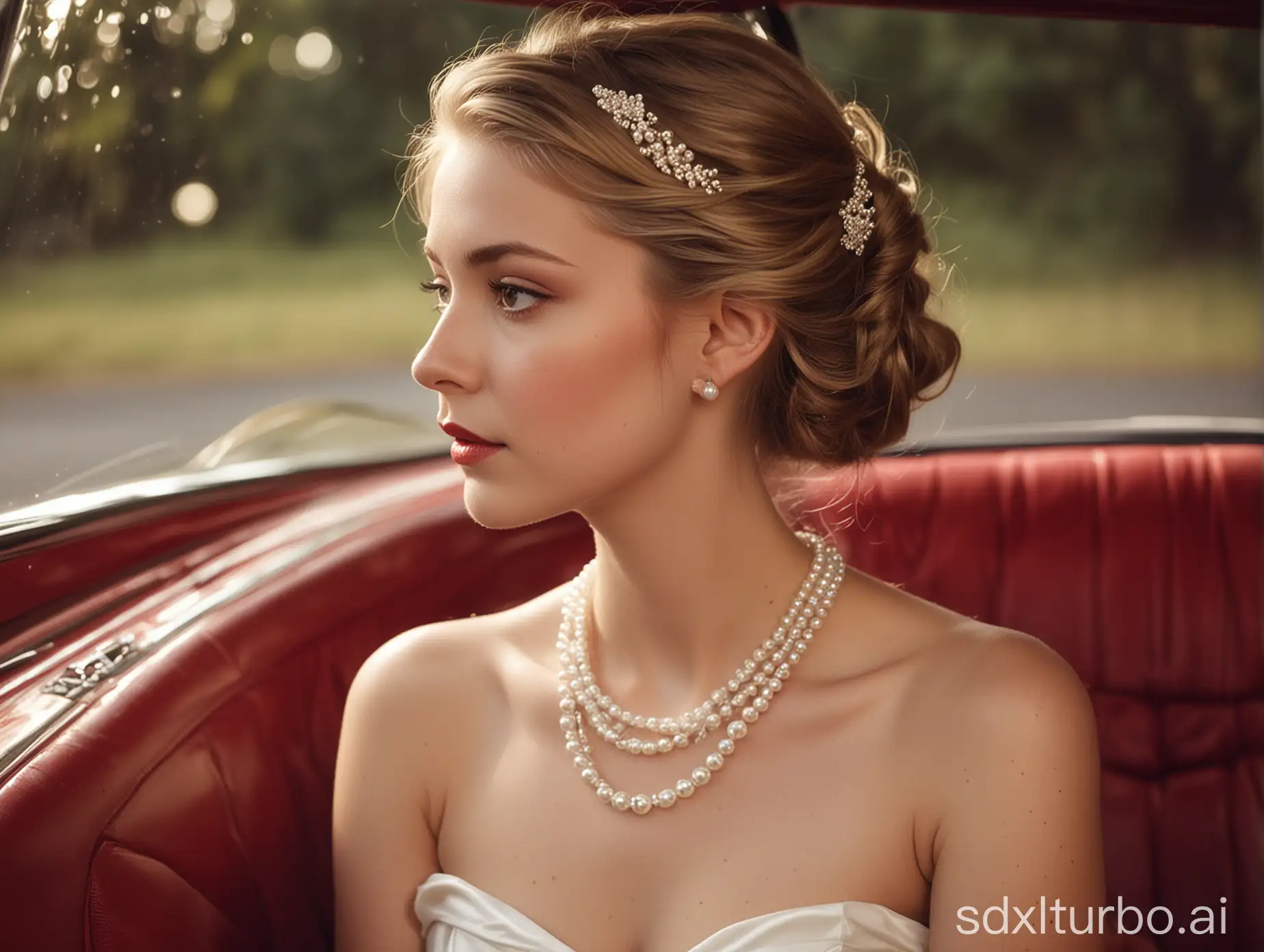 A captivating vintage-inspired image featuring a sophisticated girl seated in a charming red car. The girl, with an updo adorned by a pearl hair accessory, offers a profile view, displaying her serene and introspective expression. Her white satin or silk dress and multi-strand pearl necklace add a touch of classic elegance. The car's interior is pristine white, creating a striking contrast against the soft, warm lighting that enhances the colors and textures within the frame.