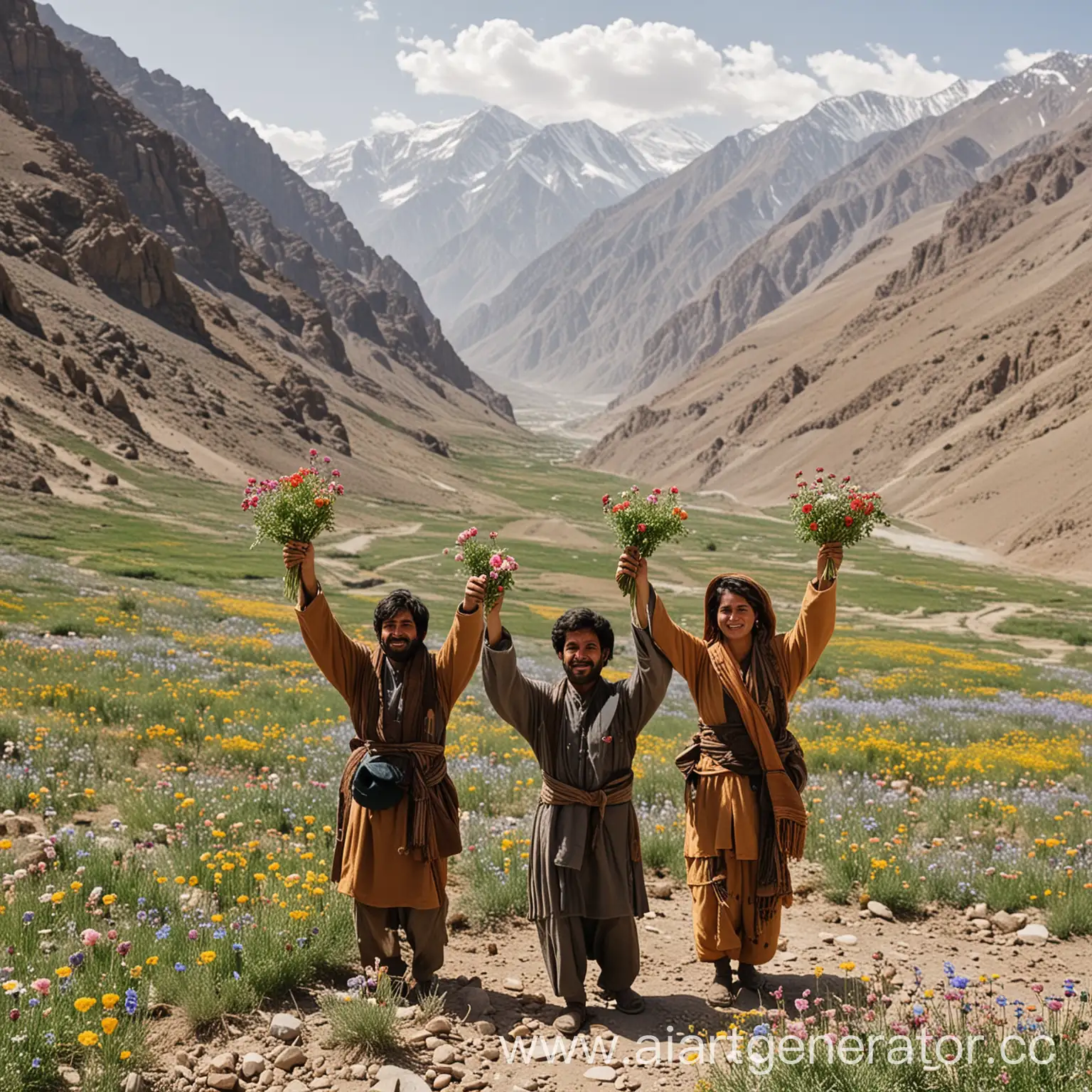 Afghan-Women-Ascending-Mountain-with-Bouquets