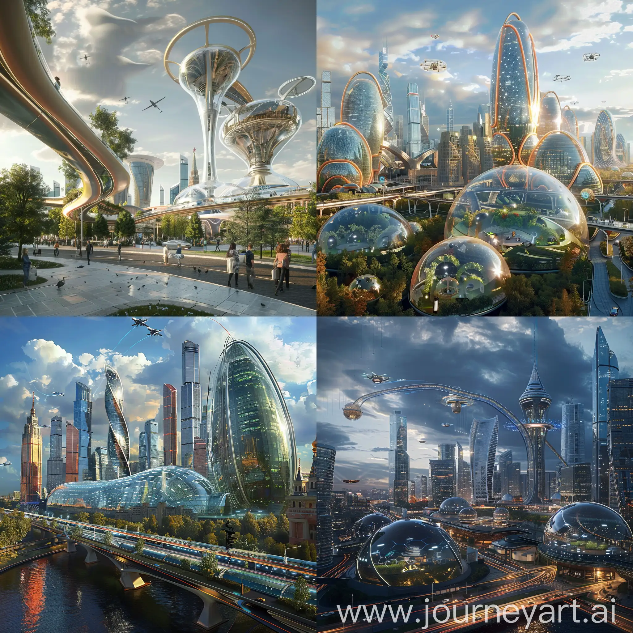 Sci-Fi Moscow, Advanced Science and Technology, Aerodynamic Domes, Smart Roads, Vertical Farms, Drone Delivery Ports, Modular Apartments, Energy Harnessing Buildings, Hyperloop Transit Systems, AI-Managed Waste Disposal, Augmented Reality Navigation, Climate Control Towers, Interactive Facades, Eco-Bridges, Atmospheric Purifiers, Floating Public Spaces, Dynamic Sculptures, Holographic Signage, Light Harvesting Network, Transportation Hubs, Urban Wildlife Corridors, Weather Modification Drones, in Unreal Engine 5 Style --stylize 1000
