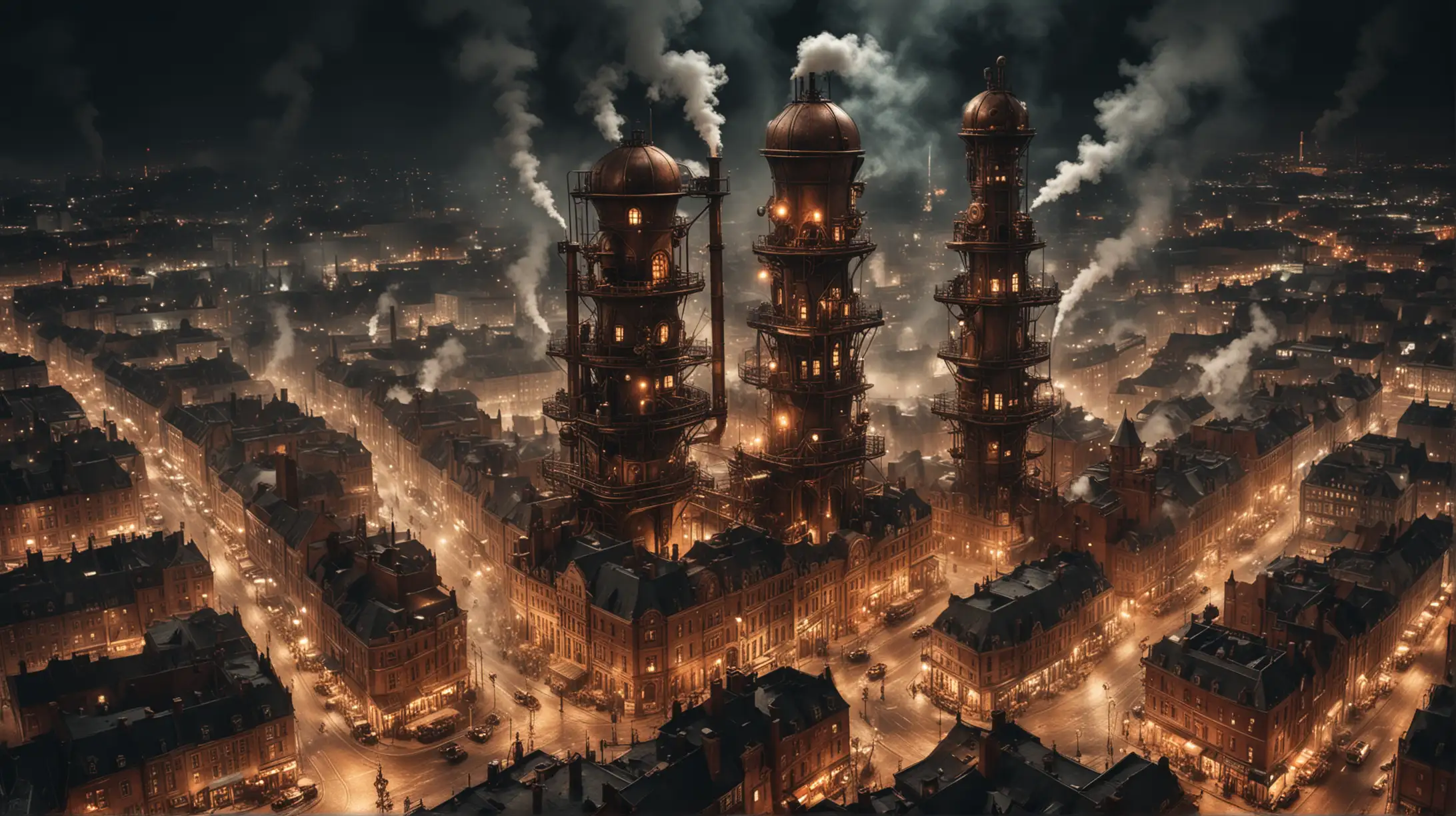steampunk city by night, copper, brass, glass, much steam and smoke, distant view from a high tower