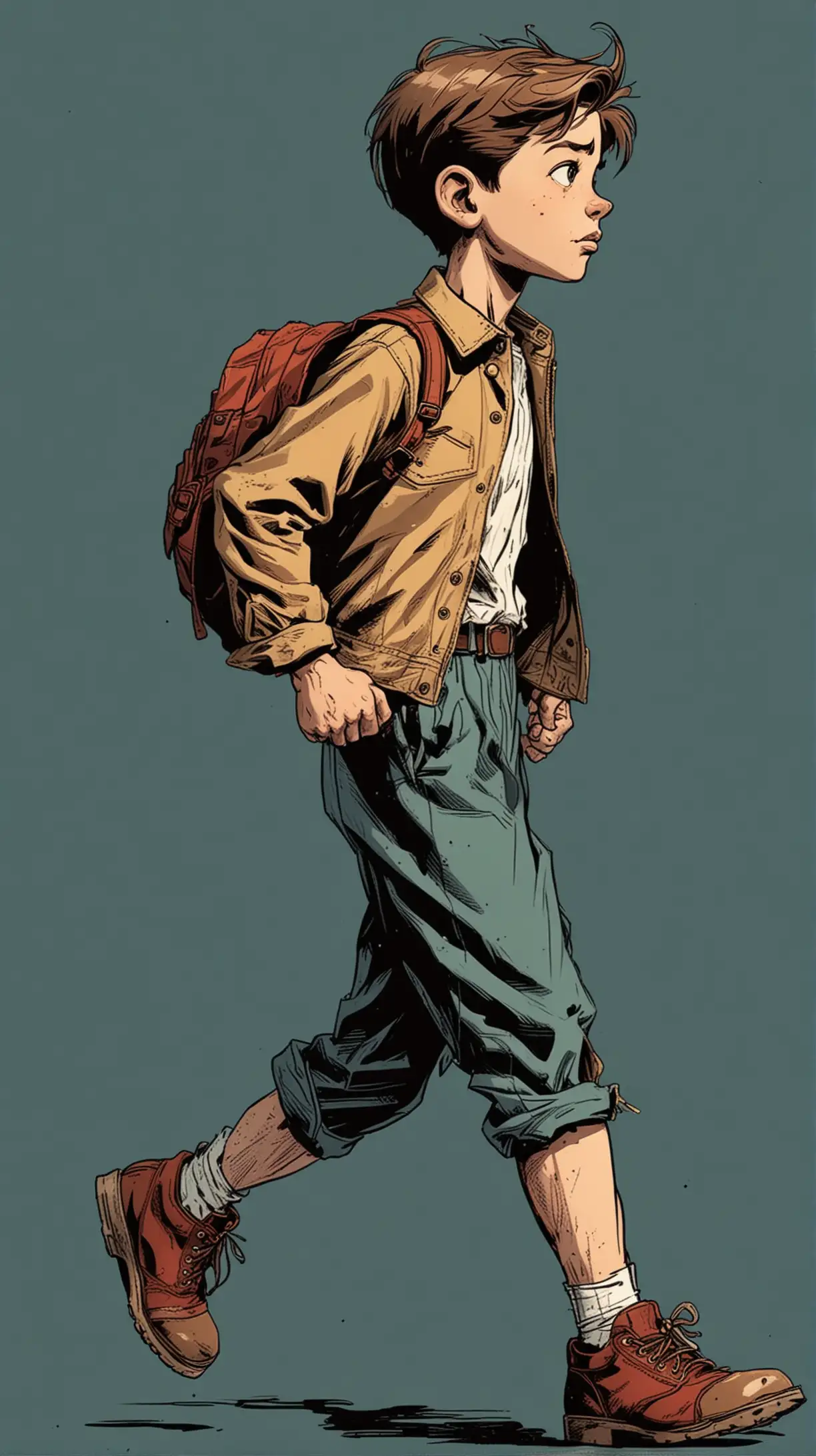 Classsic comic book style.  An eight year of boy from the side, mid stride in a determined walk.  Full body