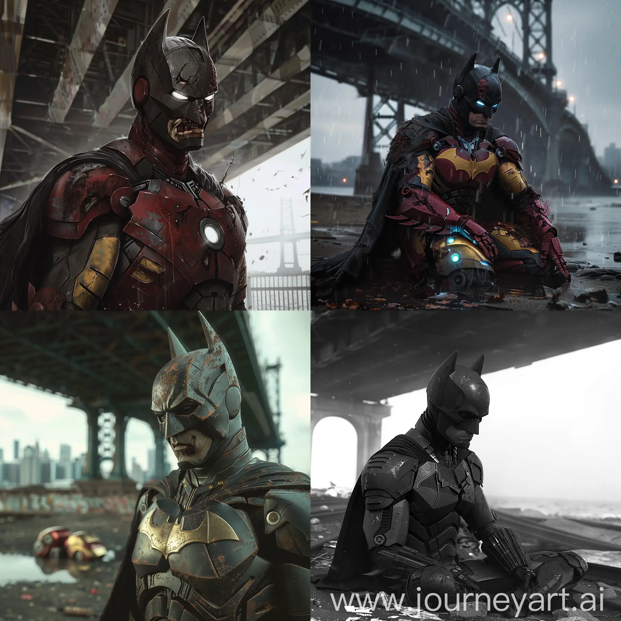 Create for me the poor Batman under the bridge wearing his vigilante outfit but it is torn and with the iron man helmet