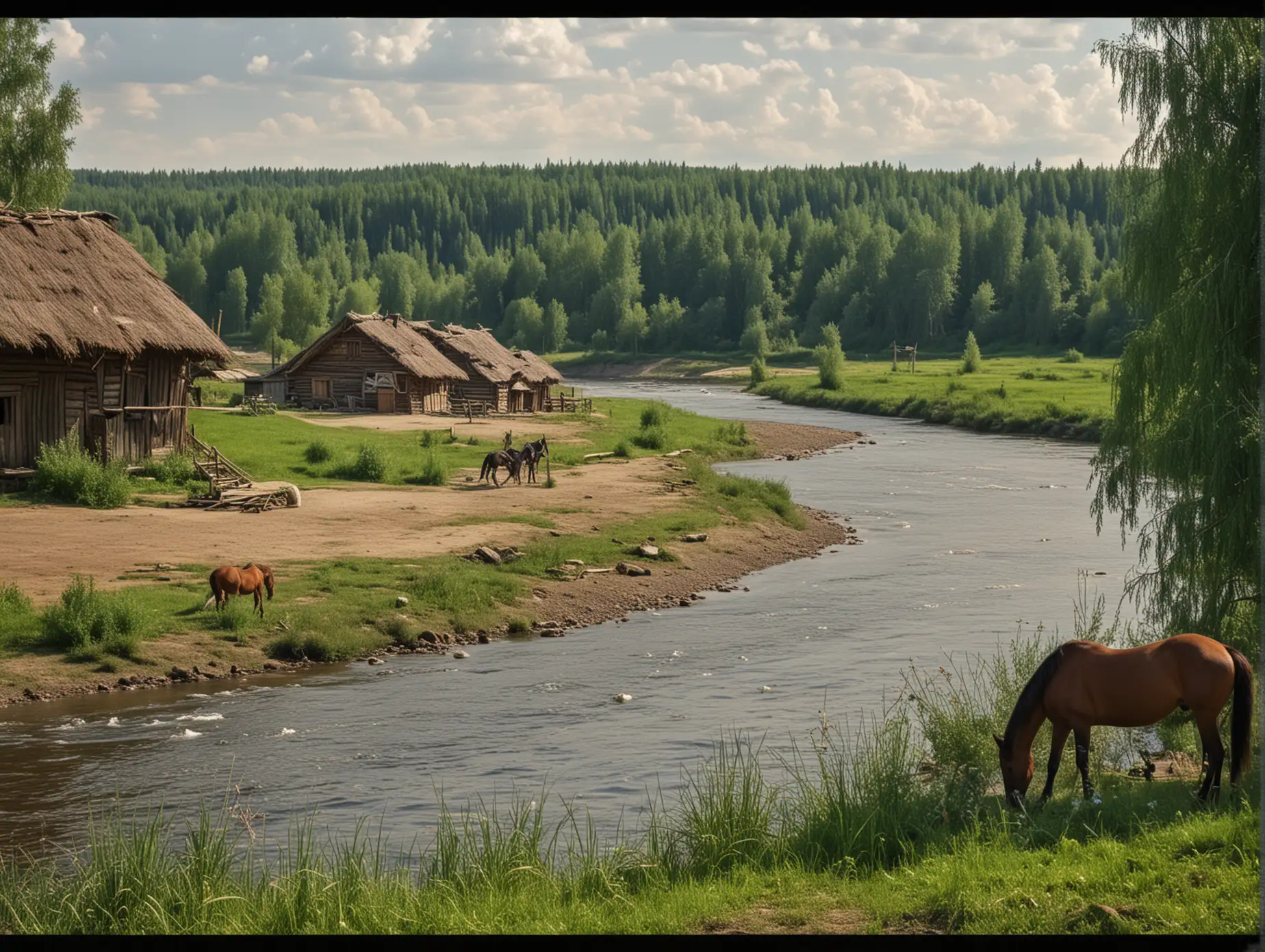 деревня, село, лето, русская изба, река, лошадь