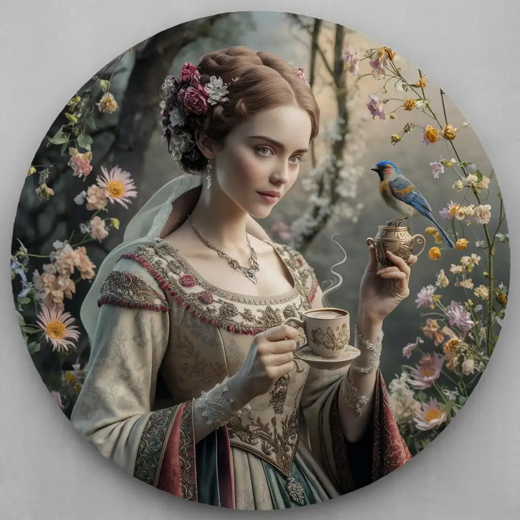 A realistic, beautiful, magical photo of a beautiful medieval woman in an elegant, decorative dress with jewelry around her neck and beautifully decorated hair. It holds a delicate, decorated cup, from which the aroma of coffee rises, and around it there are a lot of delicate, diverse, beautiful diverse flowers. On one flower sits a beautiful, colorful bird. The whole scene has a magical and fantastic atmosphere, and the picture is realistic and detailed.