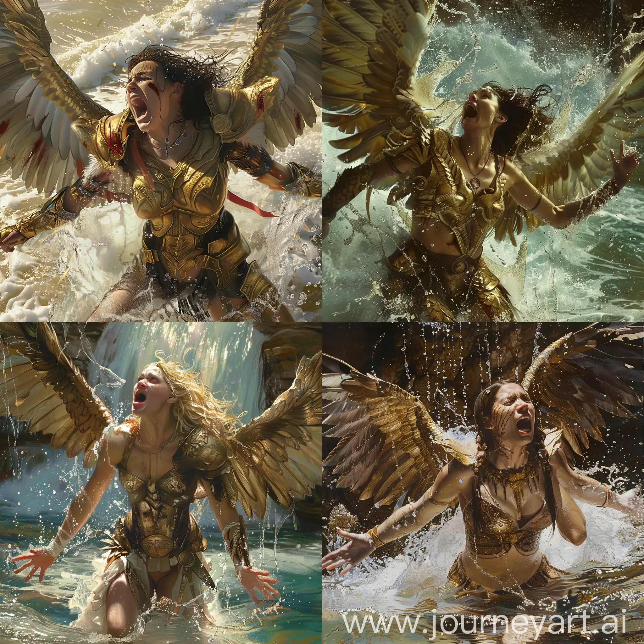 Golden-Armored-Woman-with-Wings-Emerging-from-Water