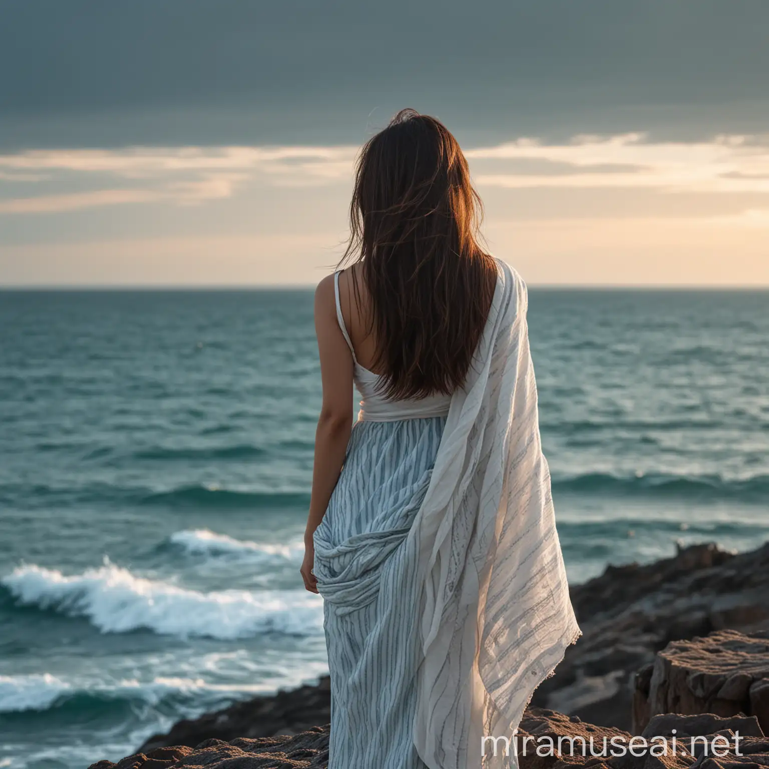 A serene seascape scene featuring a young Asian woman viewed from the back . She has long, straight brown hair reaching just past her shoulders.She was looking out over the sea. She is wearing a loose, white shawl over a striped, sleeveless top. The ocean in the background is calm, with hues of turquoise blending into a lighter blue under a clear sky. The foreground features rugged, dark rocks. A small ship is visible on the horizon. The atmosphere is peaceful and contemplative.Don't show her face.