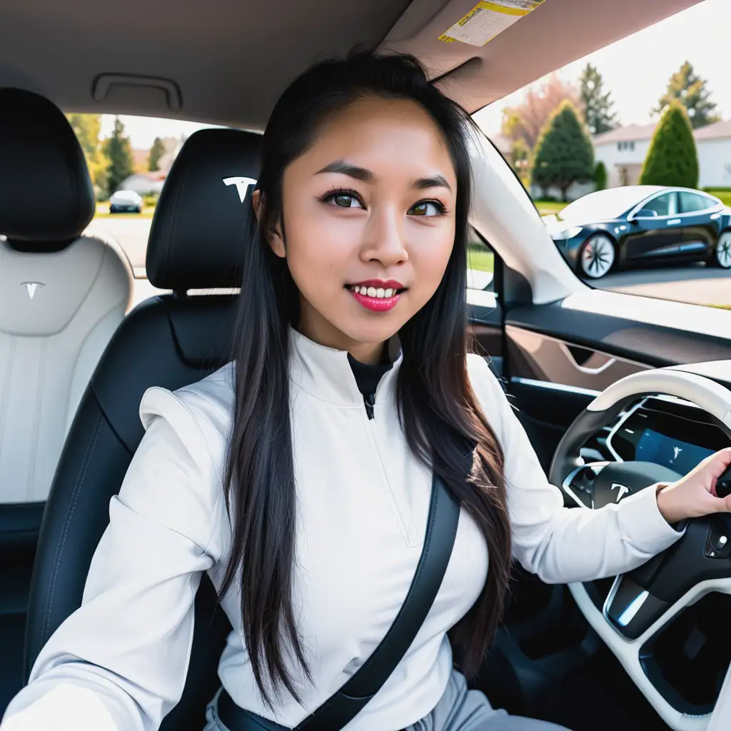 Asian Woman Driving Tesla in Suburban Neighborhood
