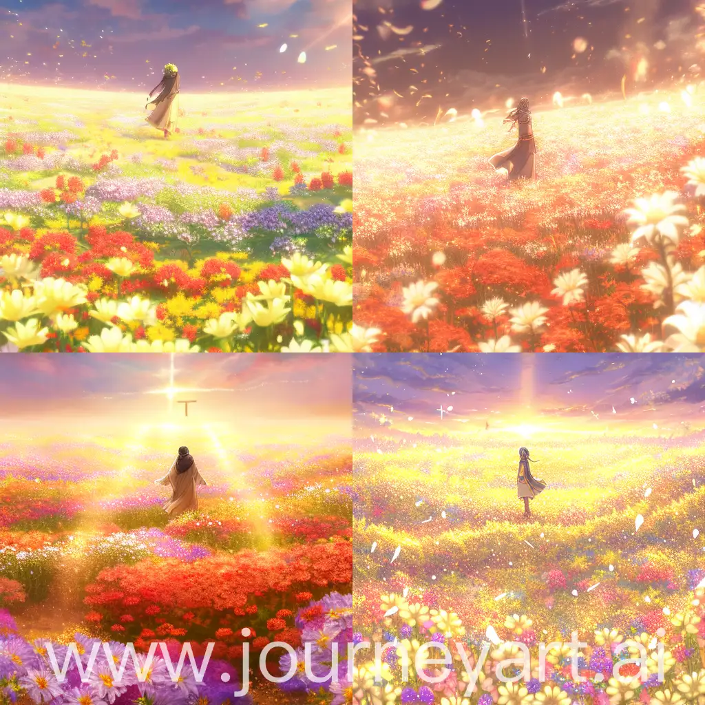 Jesus Christ walking through a field of flowers, anime style, detailed, 8k