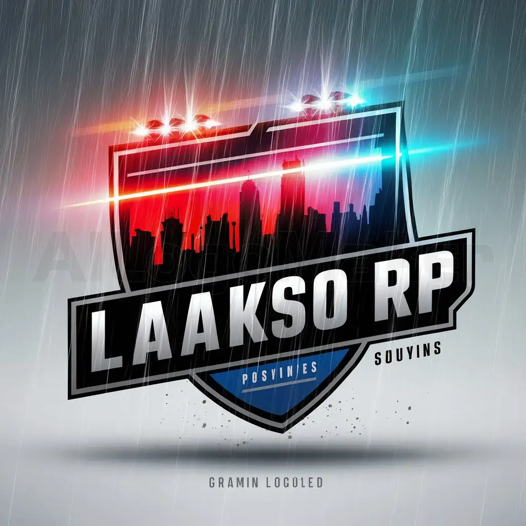 a logo design,with the text "Laakso RP", main symbol:Skylines flashing red and blue lights with an intense battle of police and criminals with rain pouring down from the sky,Moderate,be used in Others industry,clear background