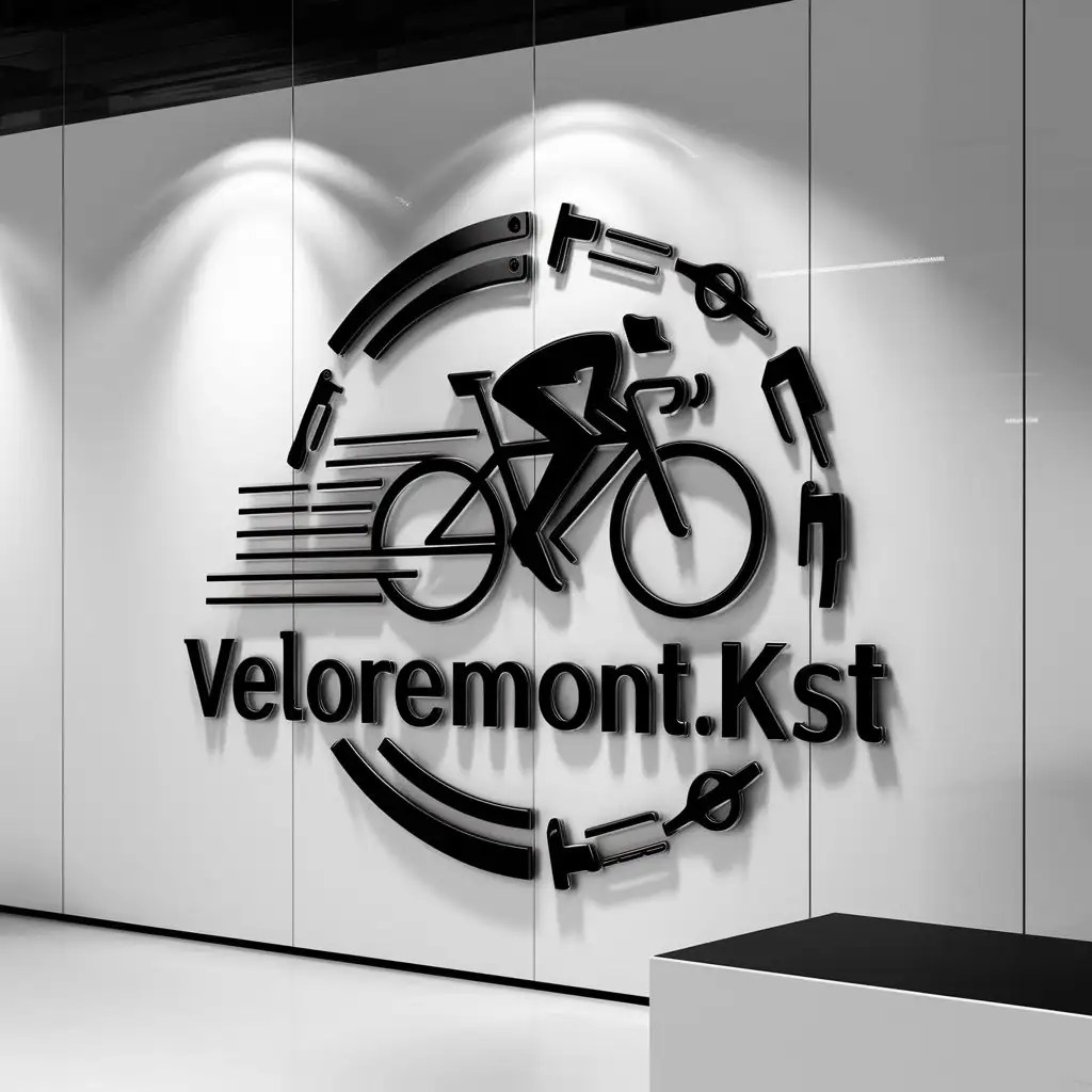 a logo design,with the text "VELOREMONT_KST", main symbol:Colored Logo Bicycle rides fast, tools in a circle,Moderate,be used in Technology industry,clear background