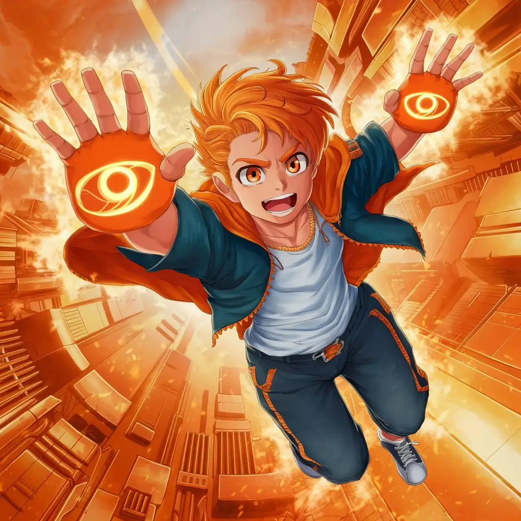 Anime Boy Flying with Orange Power