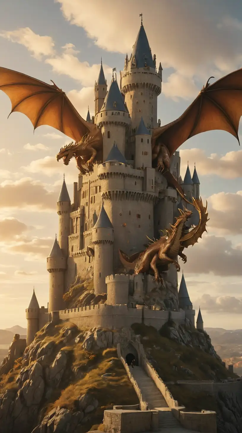 Majestic Castle at Golden Hour with Dragon Flight