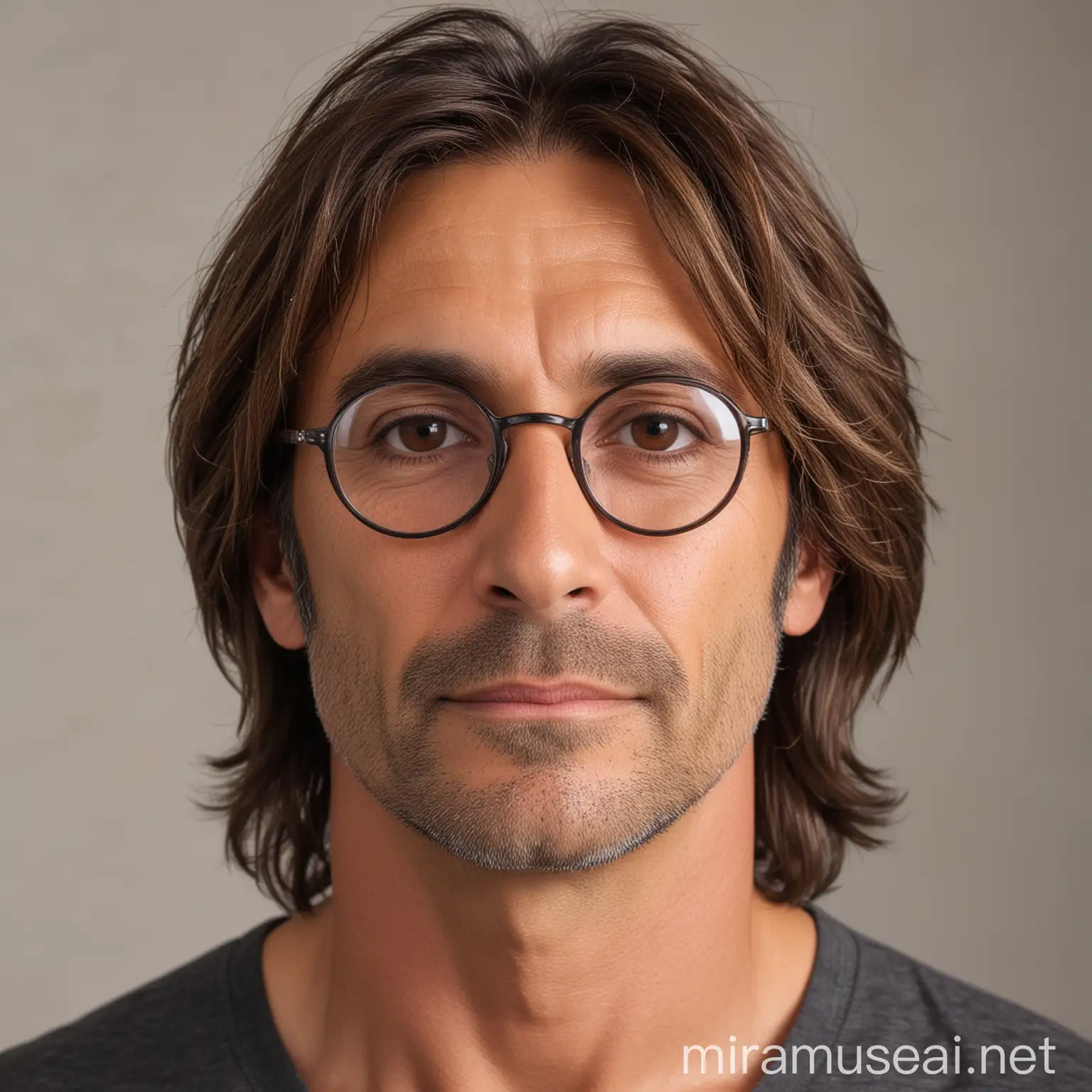 48 year old male, brown long hair, round glasses, stubble, brown eyes, small wrinkles around eyes