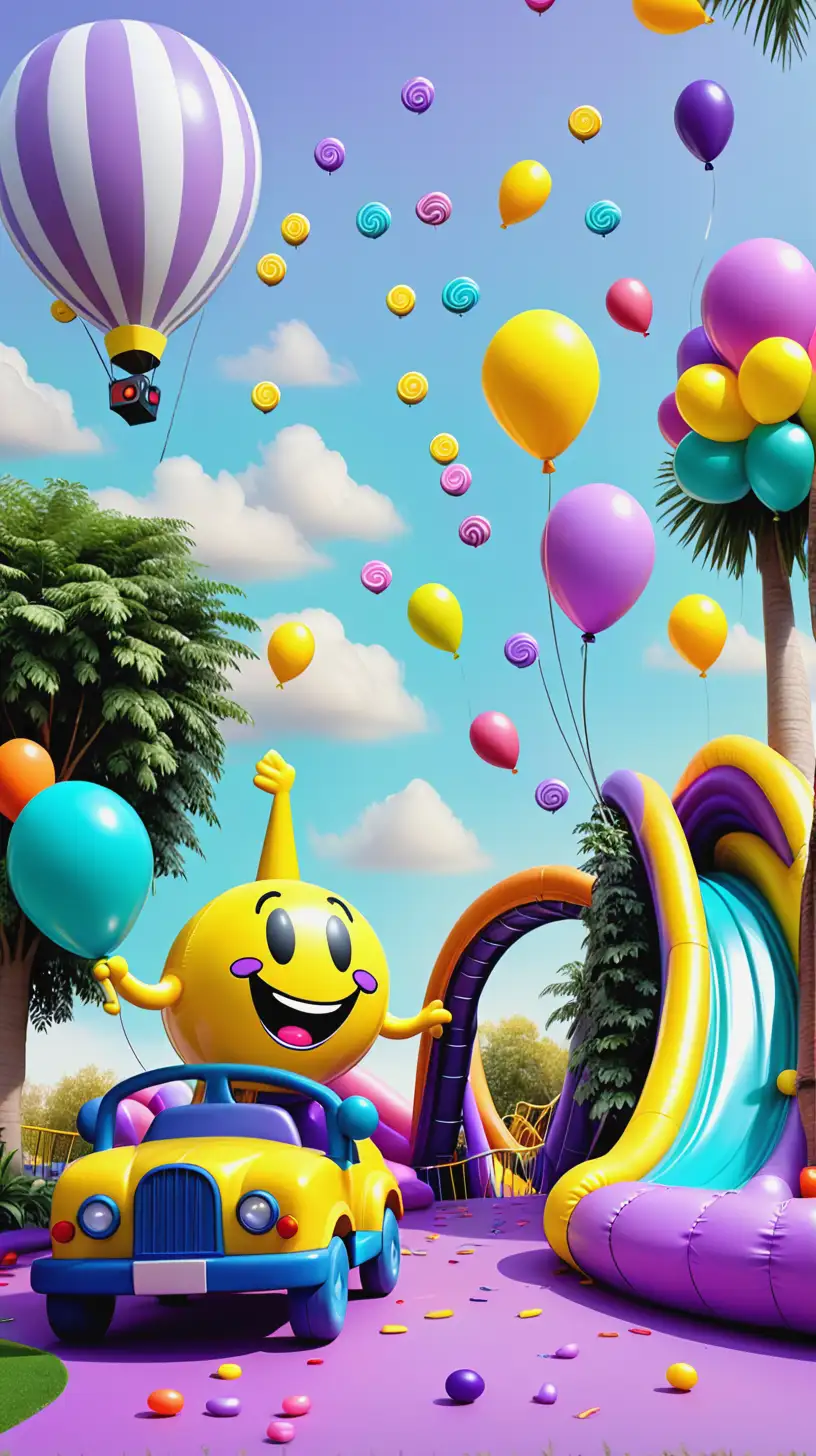 A wall paper texture for kids that looks funny with park soft play and roller coaster with candies and balloons and give fun vibe and joy mood with metled traffic signal with tree plant and palm and colorful  blimp  a small smiley colorful face and yellow cartoon kids and small blimp for kid with light colors of lilac purple and aqua and yellow and blue