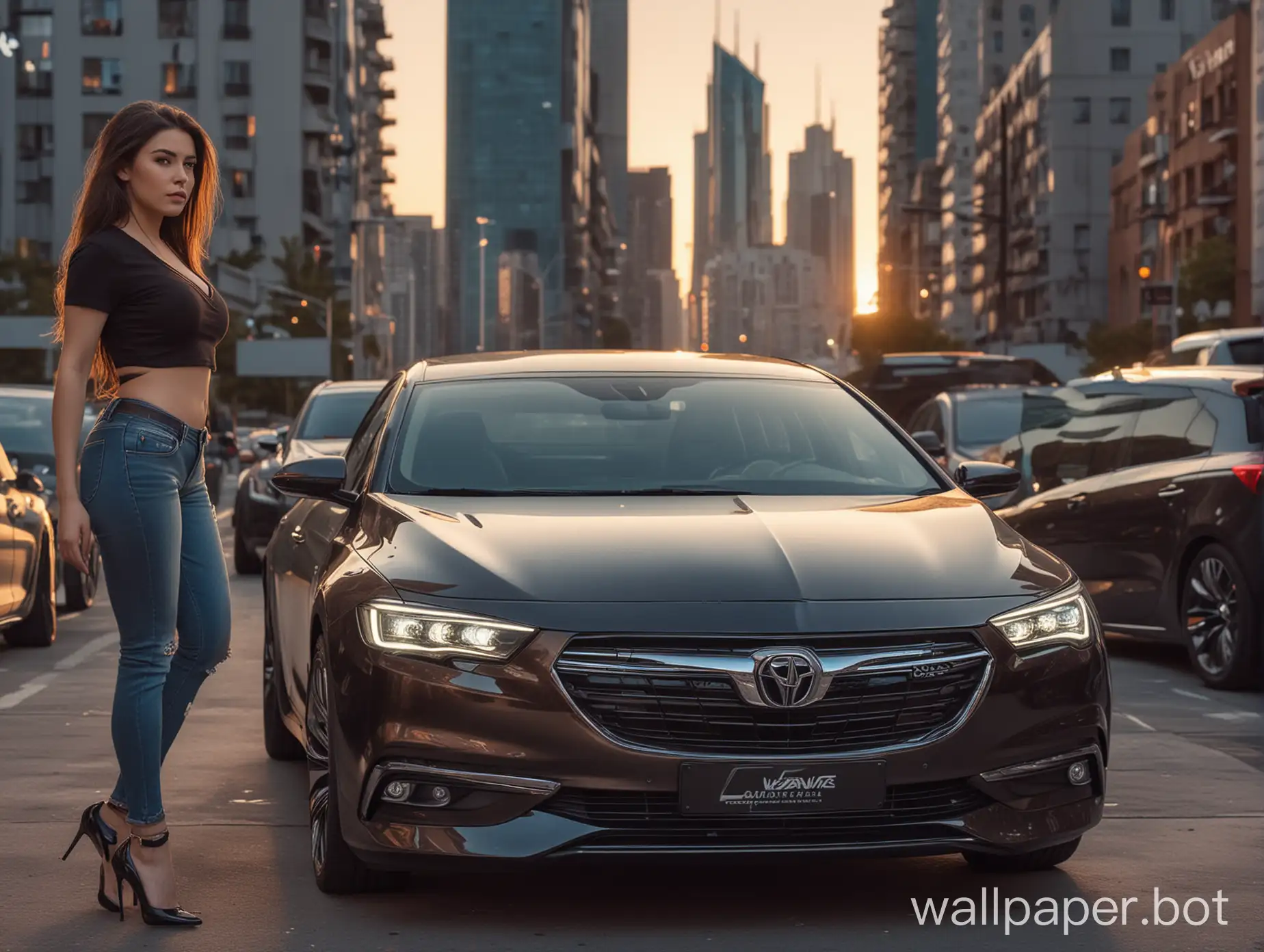 One fuller, curvy shaped woman visible from the back. She has long darkbrown hair (her face isn't visible), wearing black t-shirt with cleavage, jeans and high heels standing near of grey Opel insignia grandsport. The car is visible from the front and is standing next to the woman. The background is a futuristic city at sunset, synthwave style