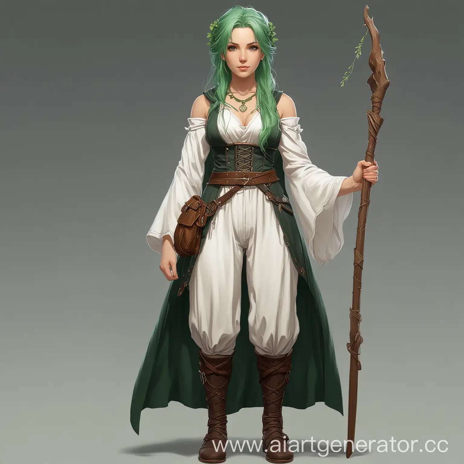 celtic woman, herbalist, healer with green hair and dark skin, character for a 2d visual novel, full height, anime style, with magic pikestaff, from head to toes, full body
