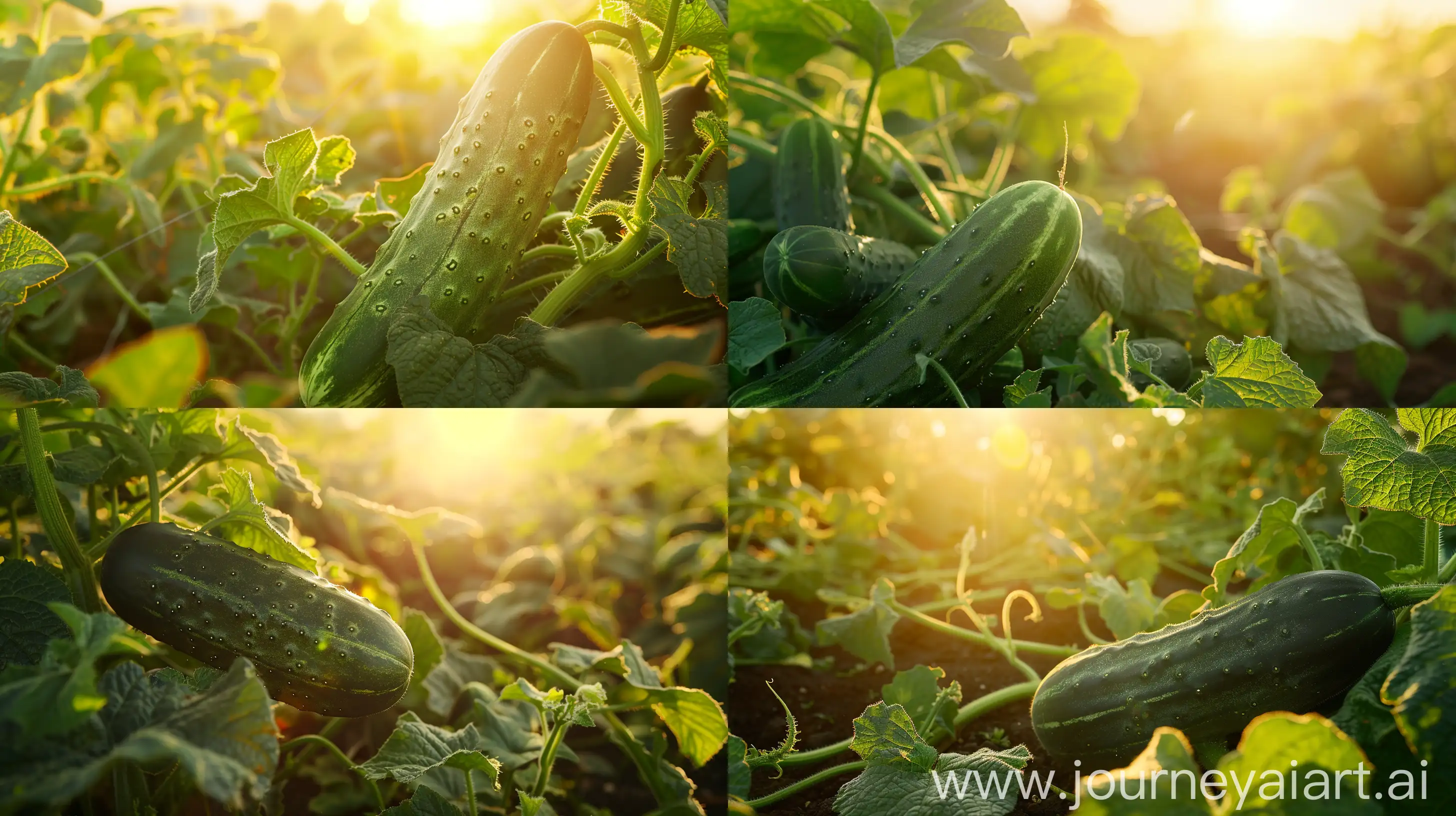High detailed photo capturing a Cucumber, Sweet Success Hybrid. The sun, casting a warm, golden glow, bathes the scene in a serene ambiance, illuminating the intricate details of each element. The composition centers on a Cucumber, Sweet Success Hybrid. This All-America Selections winner yields bumper crops of nearly seedless dark green 12" fruits. Burpless, parthenocarpic fruit means they remain bitter-free and do not need outside pollination to set. Resistant to cucumber and watermelon viruses, scab an. The image evokes a sense of tranquility and natural beauty, inviting viewers to immerse themselves in the splendor of the landscape. --ar 16:9 