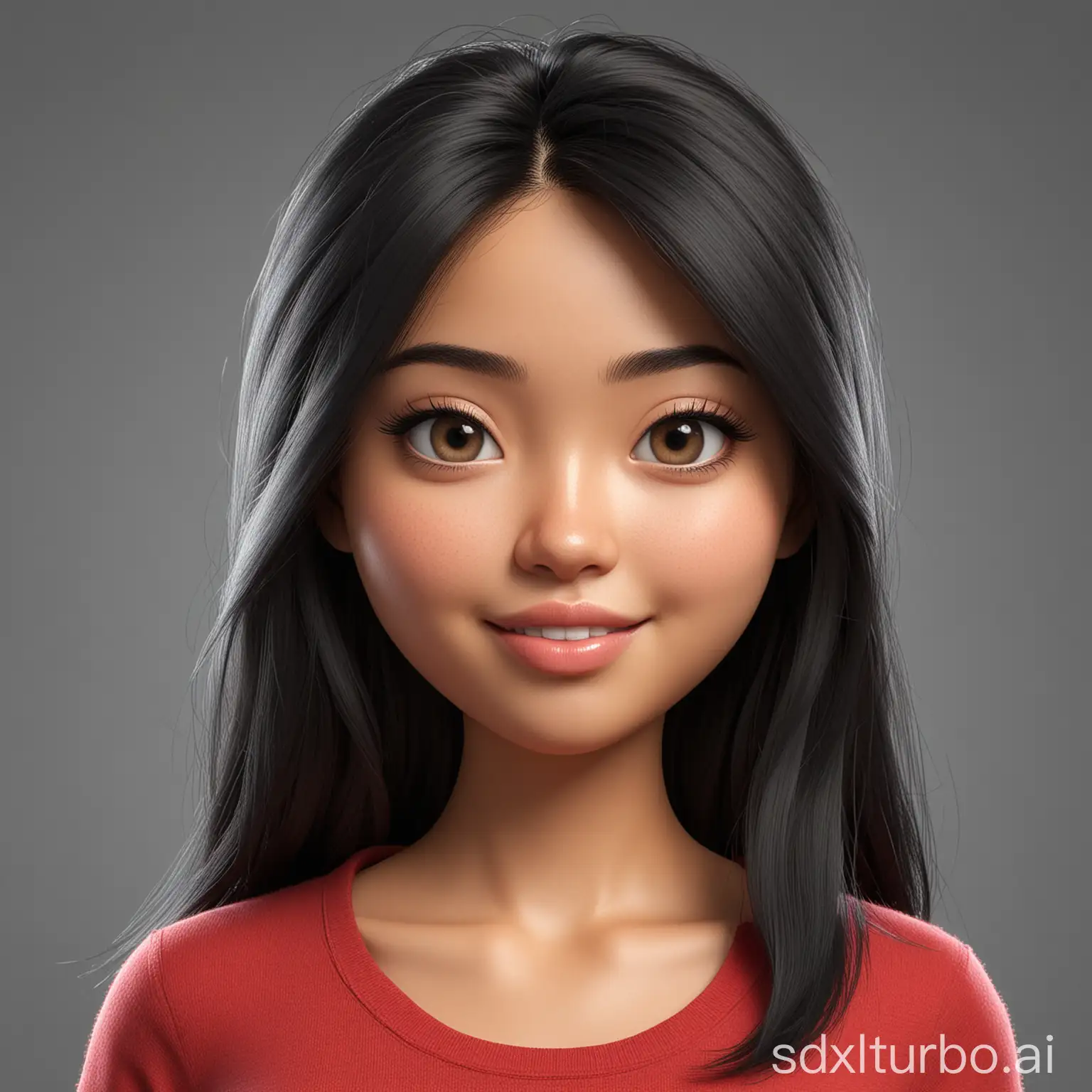 Create a full 3D cartoon style body with a big head. A 25 year old Indonesian woman. Height, ideal body, oval face shape. beautiful, slightly round eyes, clean white skin, thin sweet smile. Long black hair with shagy layers. Wearing a red shirt. Body position is clearly visible. The background is solid white. Use soft photography lighting, hair lighting, top lighting, side lighting. Highest quality photos, Uhd,16k