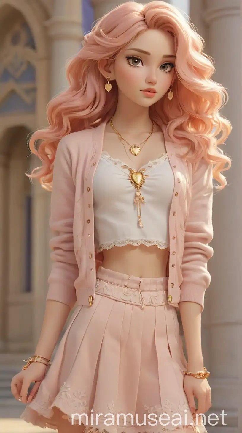 Teenage Aphrodite embodies divine beauty with a modern twist, blending classic Hellenic elegance with contemporary chic. Her flawless, sun-kissed complexion and wavy pink and peach hair exude warmth and charm. She wears a baby pink crop top with lace trim, paired with a pastel peach cardigan and a high-waisted pleated skirt adorned with golden hearts and cherry motifs. Ivory lace-up sandals with golden wing accents complement her ensemble, while a pastel peach crossbody bag with golden chains adds whimsy. Key accessories include a delicate gold heart necklace, gold bangles, charm bracelets, and small golden hoop earrings. Soft and romantic makeup features shimmery ivory and lavender eyeshadow, glossy baby pink lips, and manicured nails with heart and cherry designs. Carrying a lavender hand mirror with gold detailing, Teenage Aphrodite exudes timeless grace and divine love, embodying modern lovecore aesthetics intertwined with her Hellenic heritage. 
