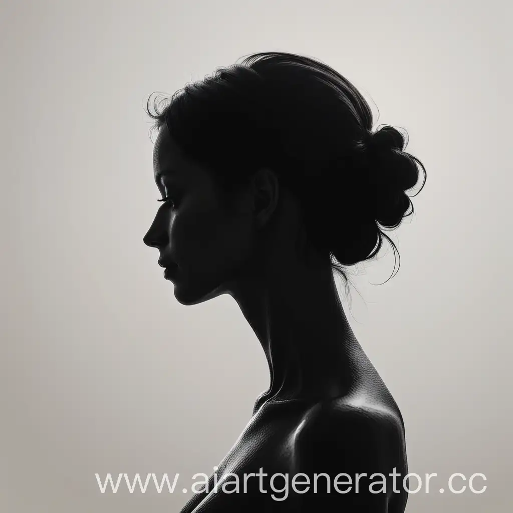 female head in profile, black silhouette, supported by a female hand from behind, spa atmosphere,neutral background