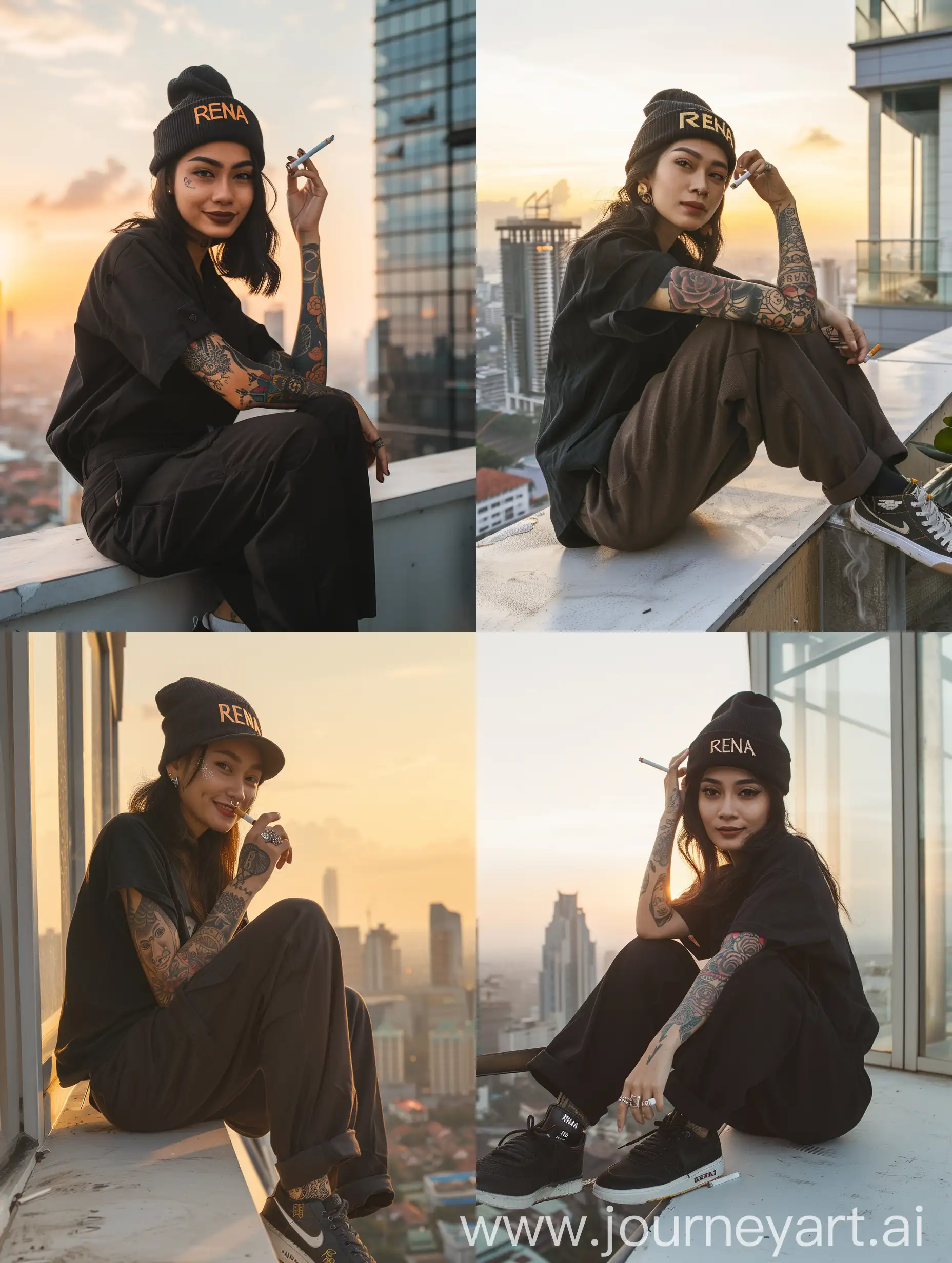 Portrait taken from the side, professional photography, full color, wide angle, 20 year old beautiful Indonesian woman, wearing a black shirt, trousers..., sneakers, full of tattoos on her arms, sitting on the roof of a tall building, holding a cigarette, wearing beanie hat with RENA written on it, view of the metropolitan city in front of him, clear sky, sunset in the morning, sharp look at the camera, smiling at the camera
