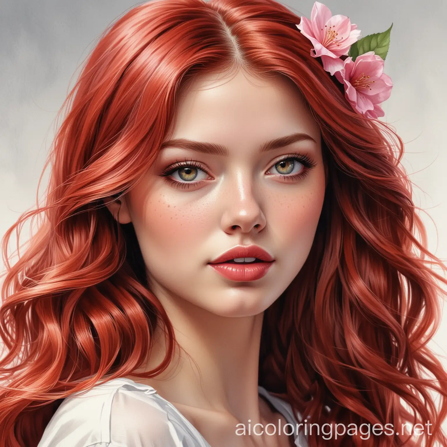a pretty girl with a unique face she is the fairy of love. She has long cherry red hair along with soft waves, her skin tone is a olive DARK and she’s wearing red lipstick while her eyes are a deep but soft warm dark brown. She is wearing pink and red themed clothing., Hyperrealism, High quality, Highly detailed, Ultra detailed, Details, Sharp focus, Watercolor, Illustration, Retro Style, Poster, 8K, Coloring Page, black and white, line art, white background, Simplicity, Ample White Space