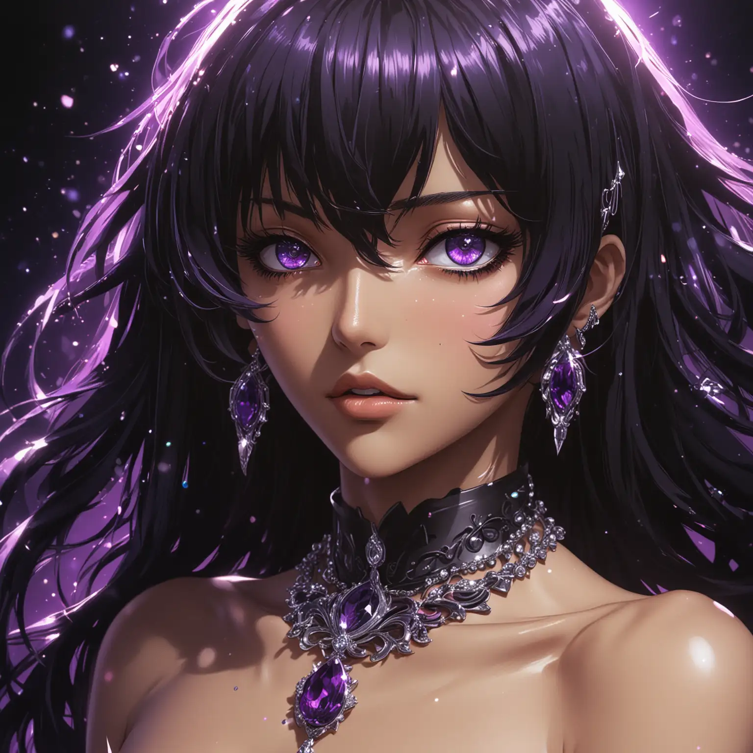 Lamperouge, Lelouch,An anime character with vibrant purple eyes and matching hair, exuding a captivating and mysterious aura.Diamond Jewelry,  Necklace, Rings and earrings.Black woman painterly smooth, extremely sharp detail, finely tuned, 8 k, ultra sharp focus, illustration, illustration, art by Ayami Kojima Beautiful Thick Sexy Black women 