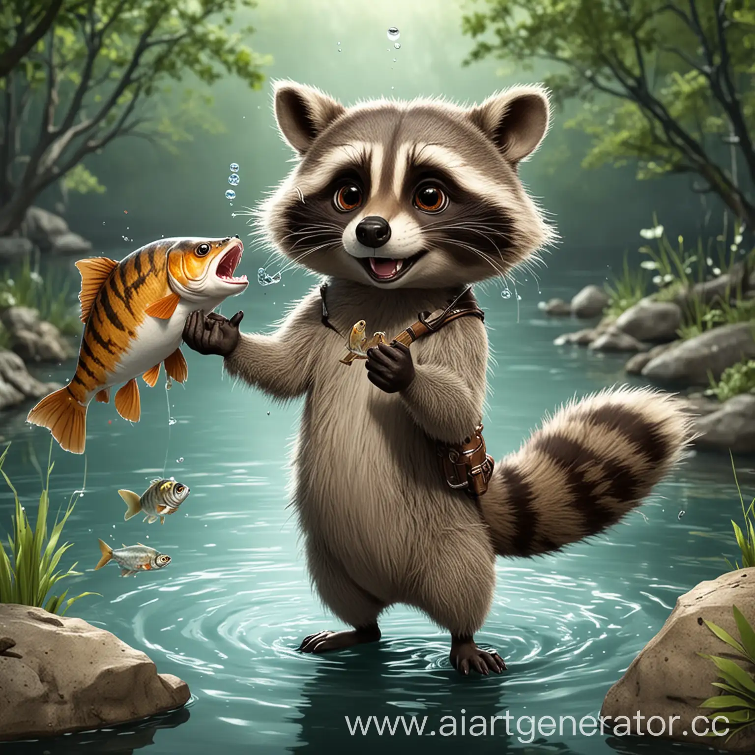 Cartoon-Raccoon-Fishing-for-Fresh-Catch