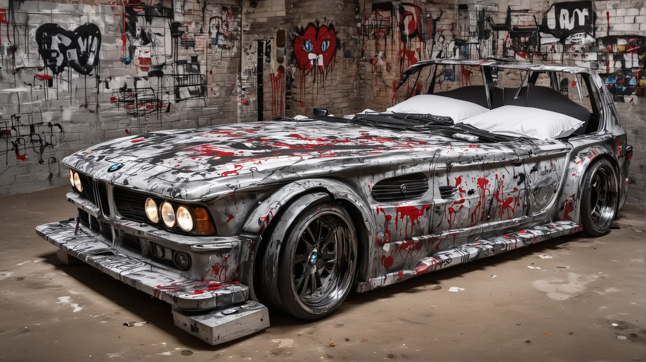 Двухспальная кровать в форме автомобиля марки БМВ с включенными фарами и граффити кровь