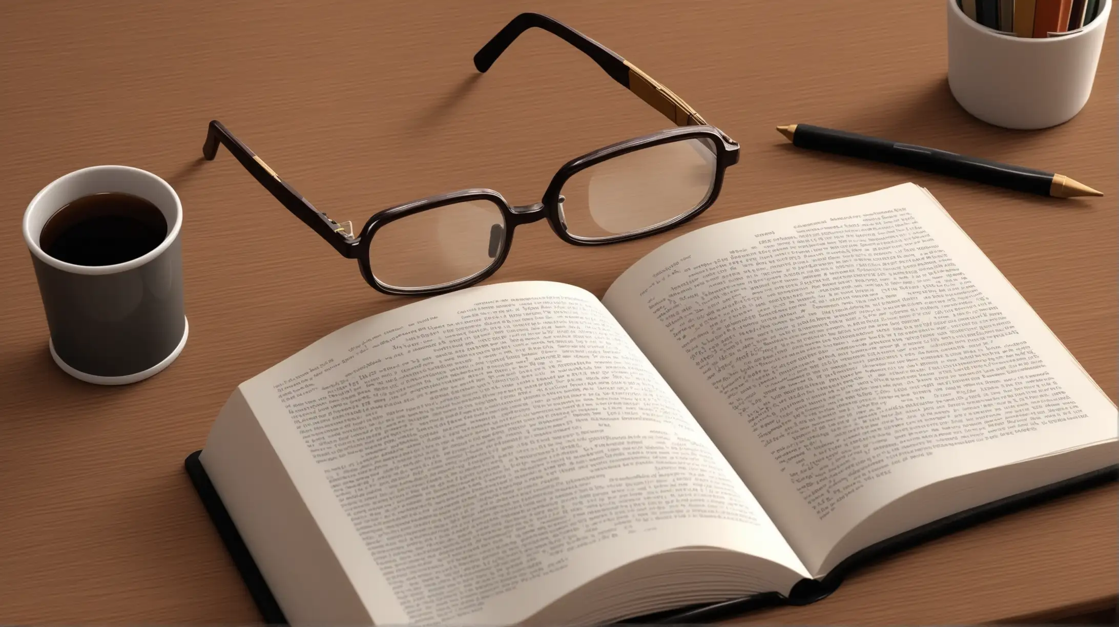 Generate an image of an open book with a reading glasses set aside on a brown desk. 