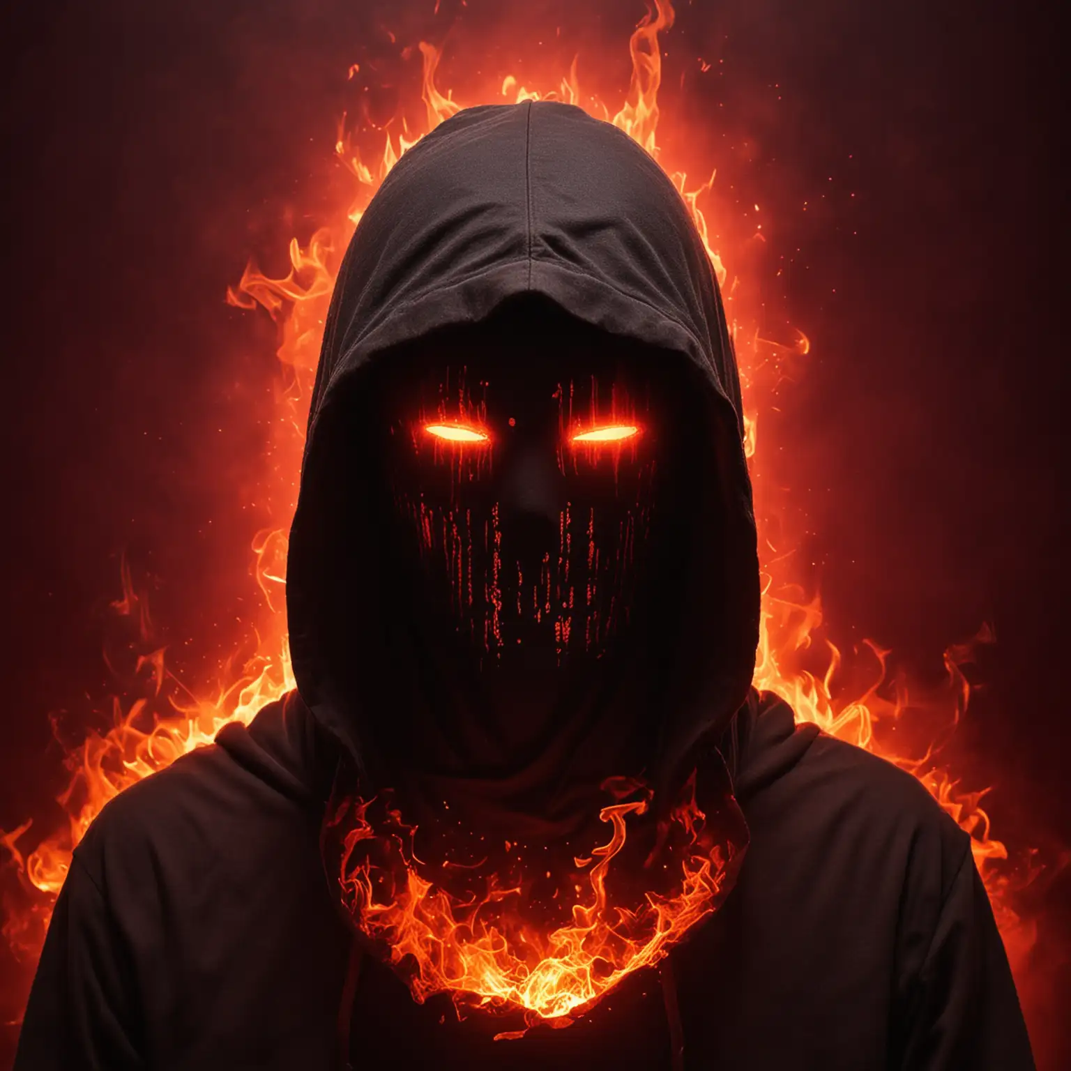 Mysterious Figure in Hood with Glowing Red on Fiery Background