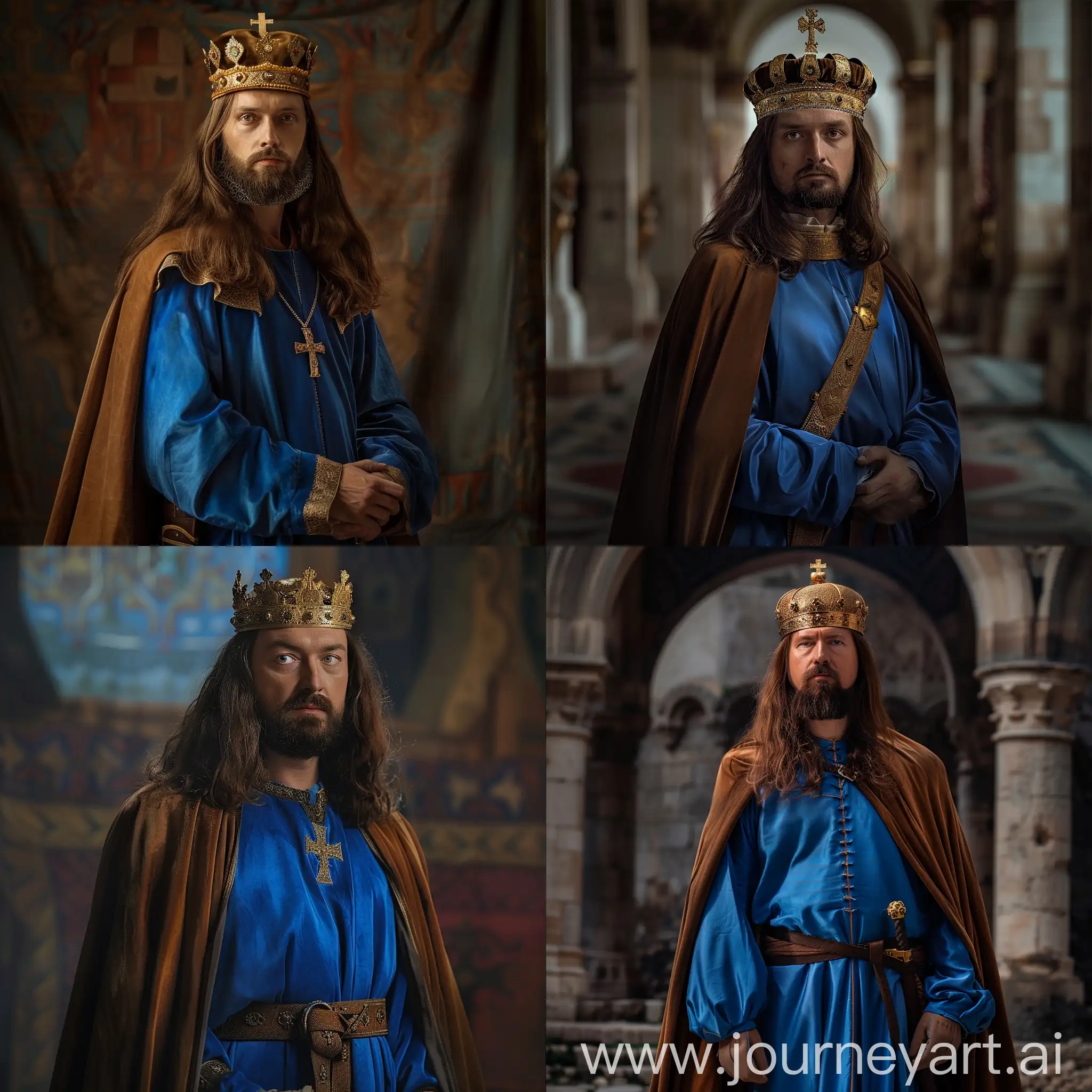 King of Hungary Stephen I, depicted in blue silk
robe and brown cape, wearing golden crown hat of hungary with a small cross on it, long brown hair and
well shaped long beard, at his royal palace, cinematic lighting